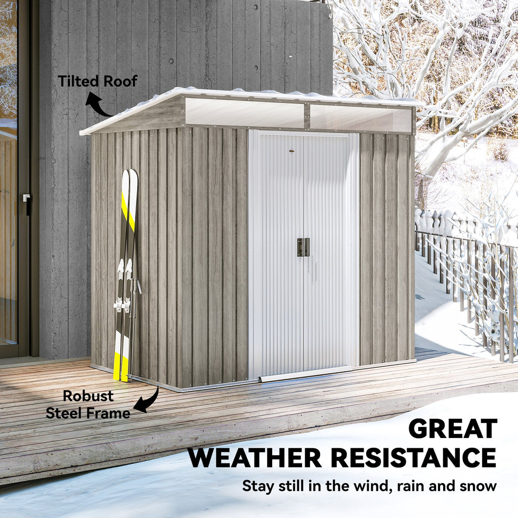 6.5 x 4FT Galvanised Metal Shed with Foundation Kit, Lockable Tool Garden Shed with Double Sliding Doors, Vents Wood Effect Outsunny