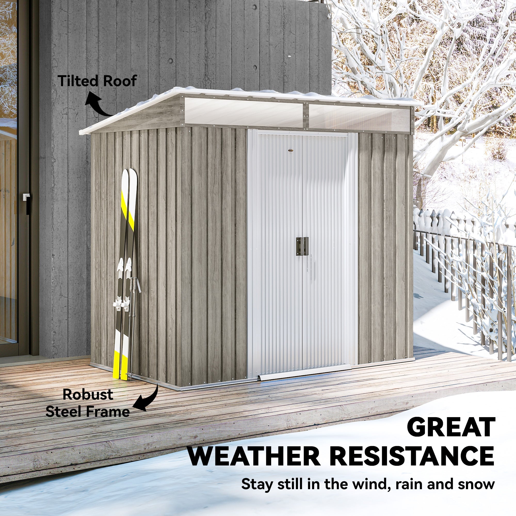 6.5 x 4FT Galvanised Metal Shed with Foundation Kit, Lockable Tool Garden Shed with Double Sliding Doors, Vents Wood Effect Outsunny