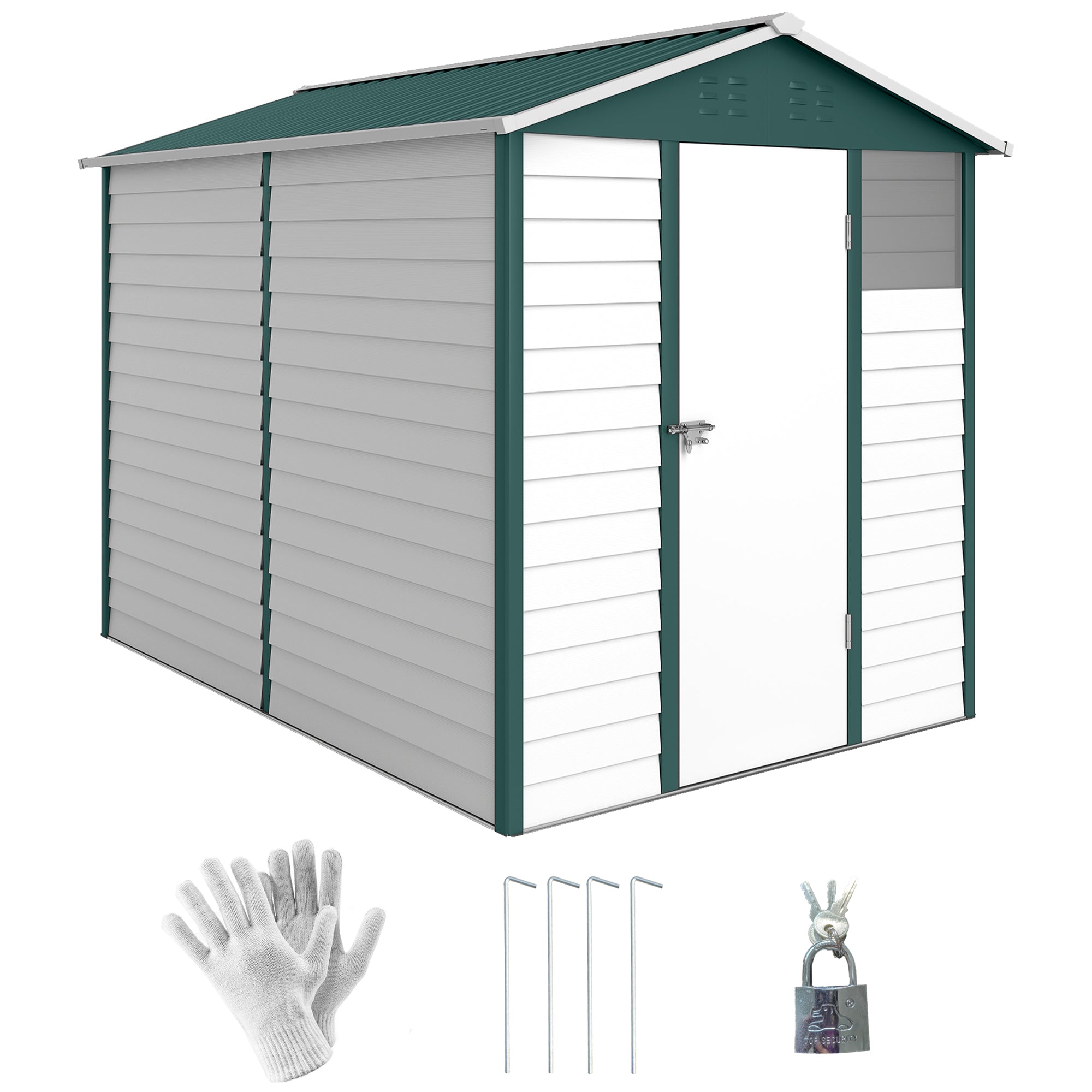 9x 6FT Metal Outdoor Garden Shed, Galvanised Tool Storage Shed w/ Sloped Roof, Lockable Door for Patio Lawn, Green Outsunny