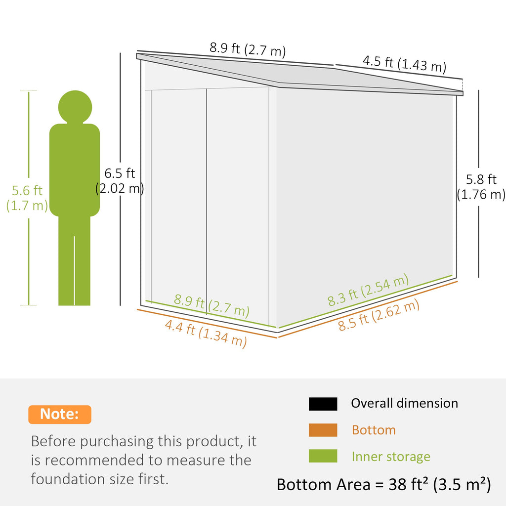 5 x 9ft Galvanised Metal Garden Shed with Foundation Kit, Outdoor Lean-to Shed, Tool Storage House with Lockable Doors, Gloves and 2 Air Vents for Patio Outsunny