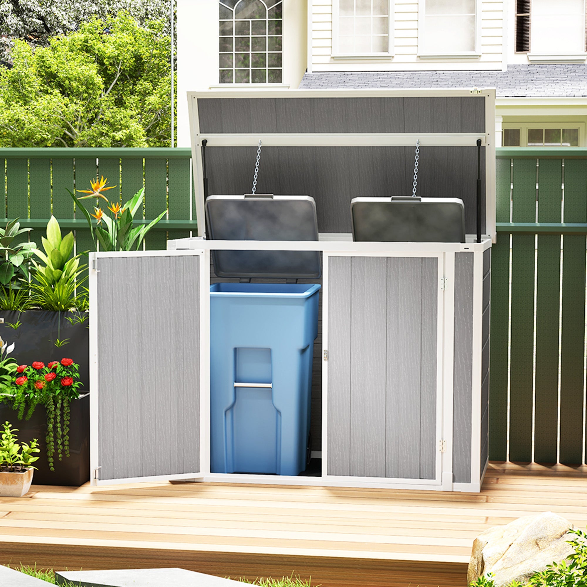 4.7 x 2.5FT Garden Shed, Double Bin Storage Shed with Lockable Doors, Outdoor Small Shed with Openable Lid for 2 Trash Cans, Garden Tools Outsunny