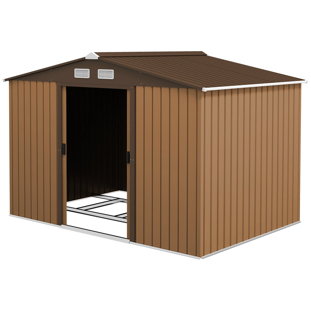 9 x 6ft Metal Garden Shed, Outdoor Storage Tool House with Ventilation Slots, Foundation Kit and Lockable Double Doors, Light Brown Outsunny