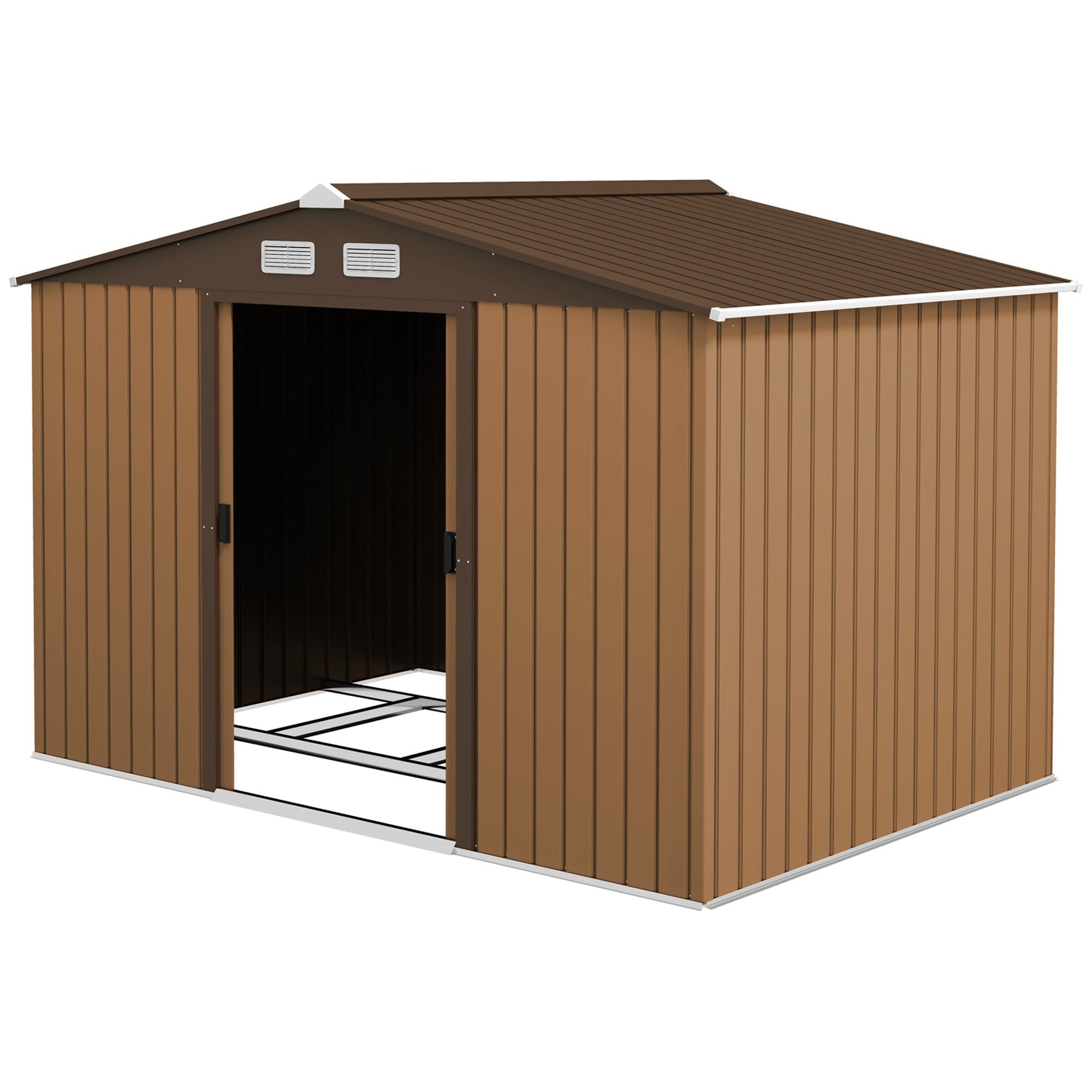 9 x 6ft Metal Garden Shed, Outdoor Storage Tool House with Ventilation Slots, Foundation Kit and Lockable Double Doors, Light Brown Outsunny
