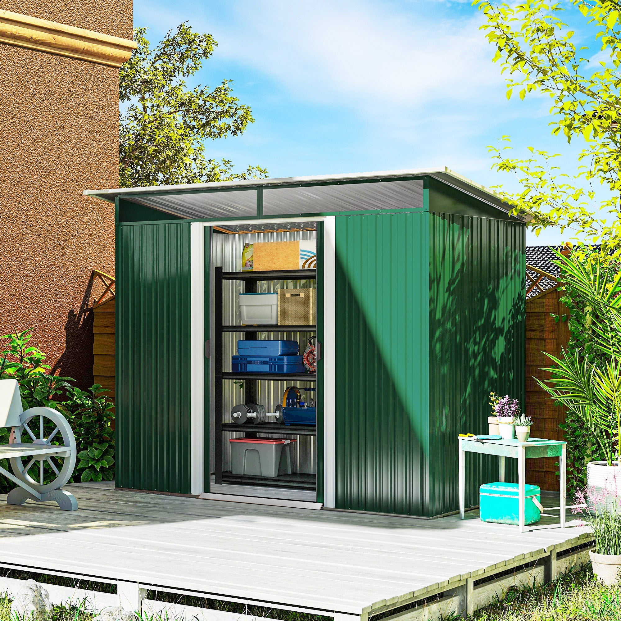 8.5 x 4ft Metal Shed with Lightsky Panels, Garden Storage Tool House with Double Doors for Garden, Patio and Lawn Outsunny