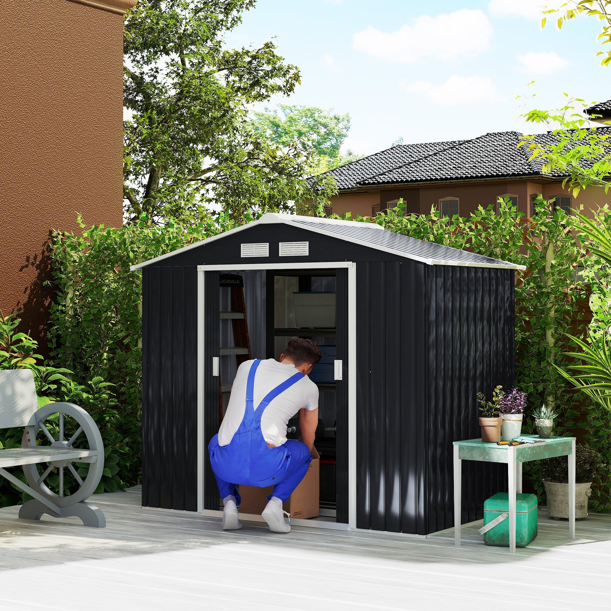 7 x 4ft Weatherproof Shed, Outdoor Bike Storage Shed with Ventilation Slots, Foundation Kit and Lockable Double Doors Outsunny