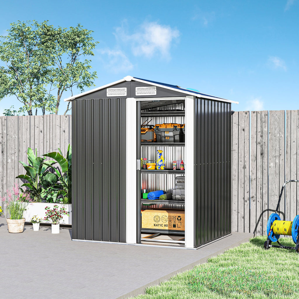Garden Metal Tool Storage Shed with Sliding Door, Sloped Roof and Foundation Kit, 152 x 132 x 188cm Outsunny
