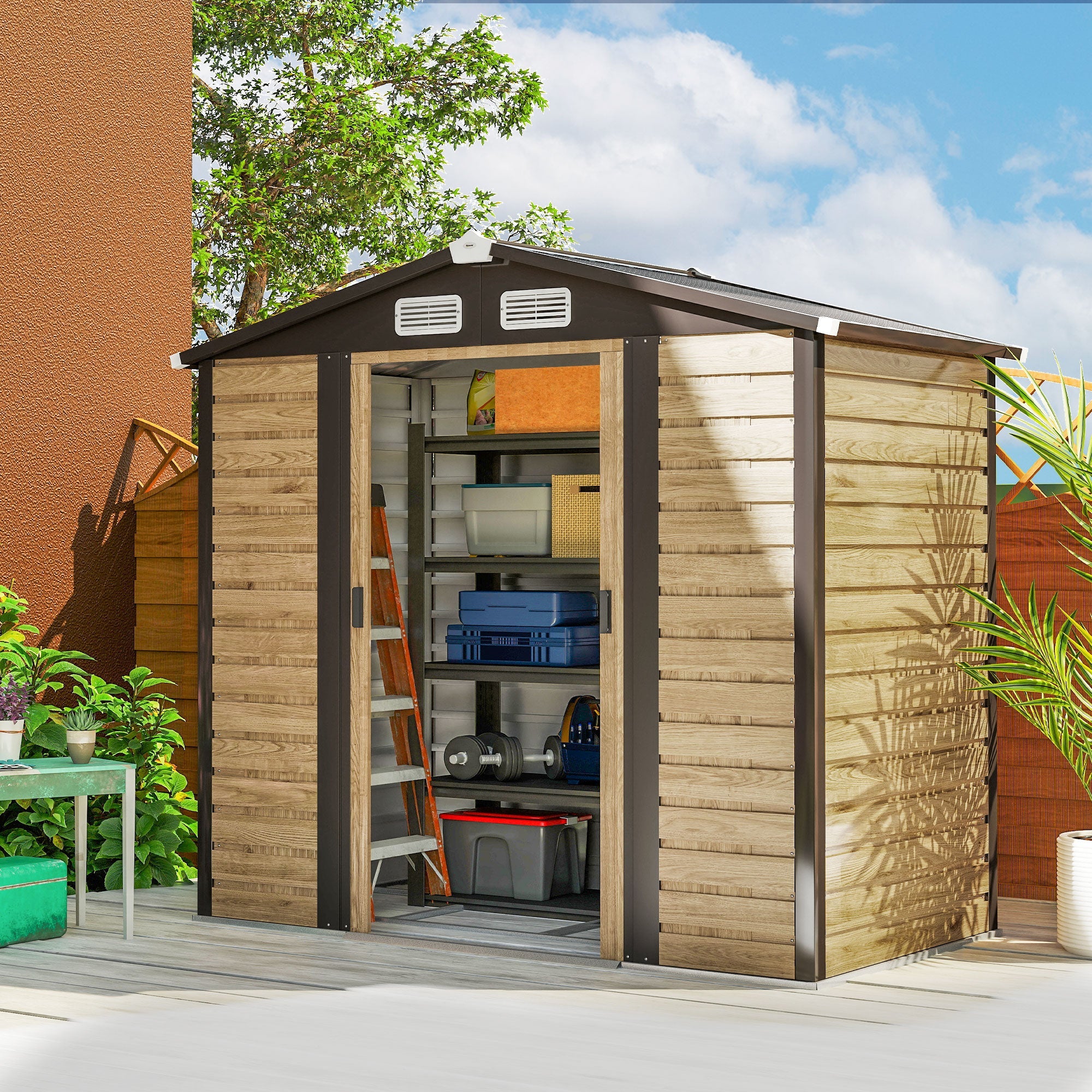 7 x 4ft Garden Shed, Easy to Assemble, Upgraded Galvanised Steel Frame with Foundation Kit, Double Doors with Lock, Outdoor Metal Shed with Vents and Gloves, Garden Storage Shed, Natural Outsunny