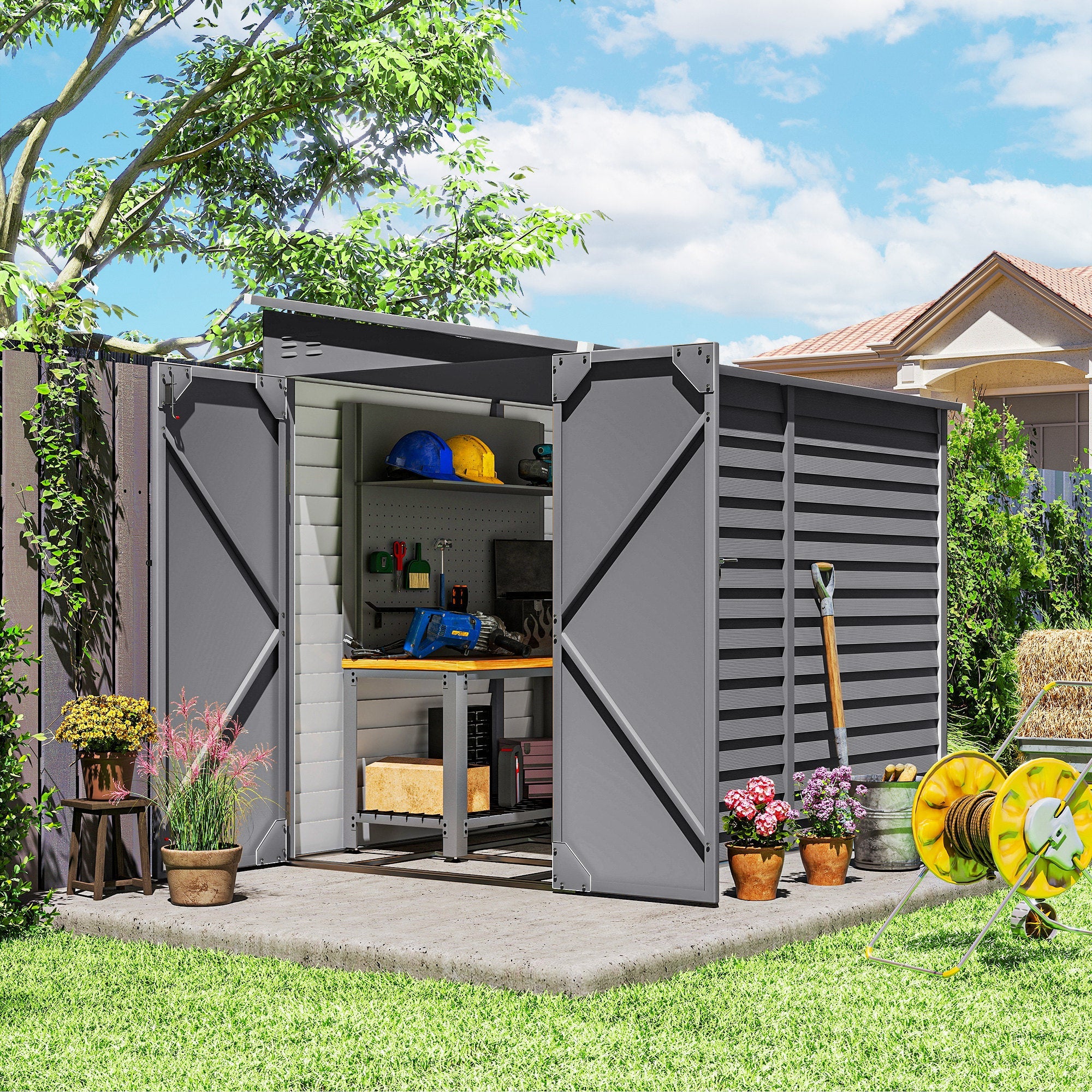 5 x 9ft Galvanised Metal Garden Shed with Foundation Kit, Outdoor Lean-to Shed, Tool Storage House with Lockable Doors, Gloves and 2 Air Vents for Patio Outsunny