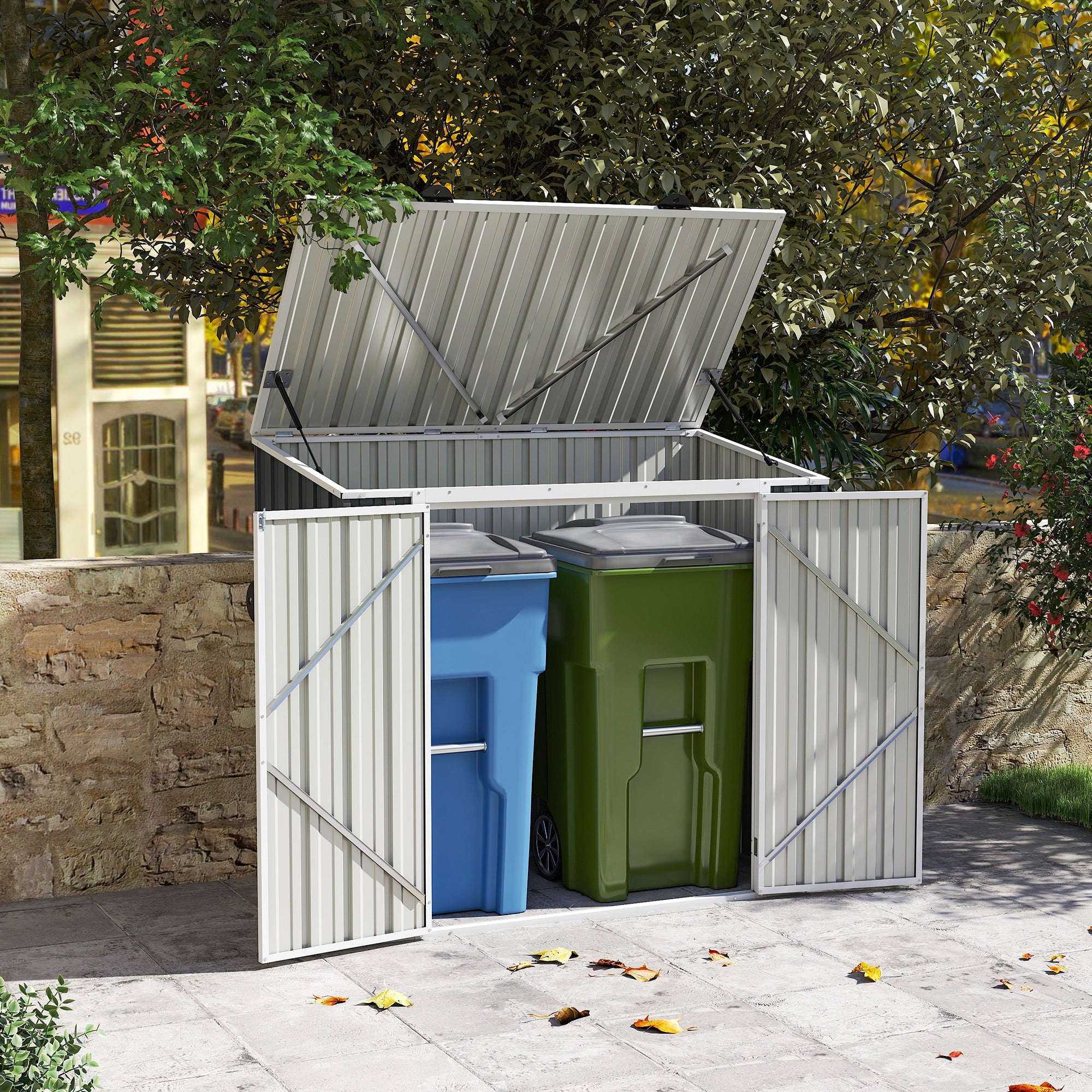 5ft x 3ft Garden 2-Bin Steel Storage Shed, Double Rubbish Storage Shed, Hide Dustbin w/ Locking Doors and Openable Lid Outsunny