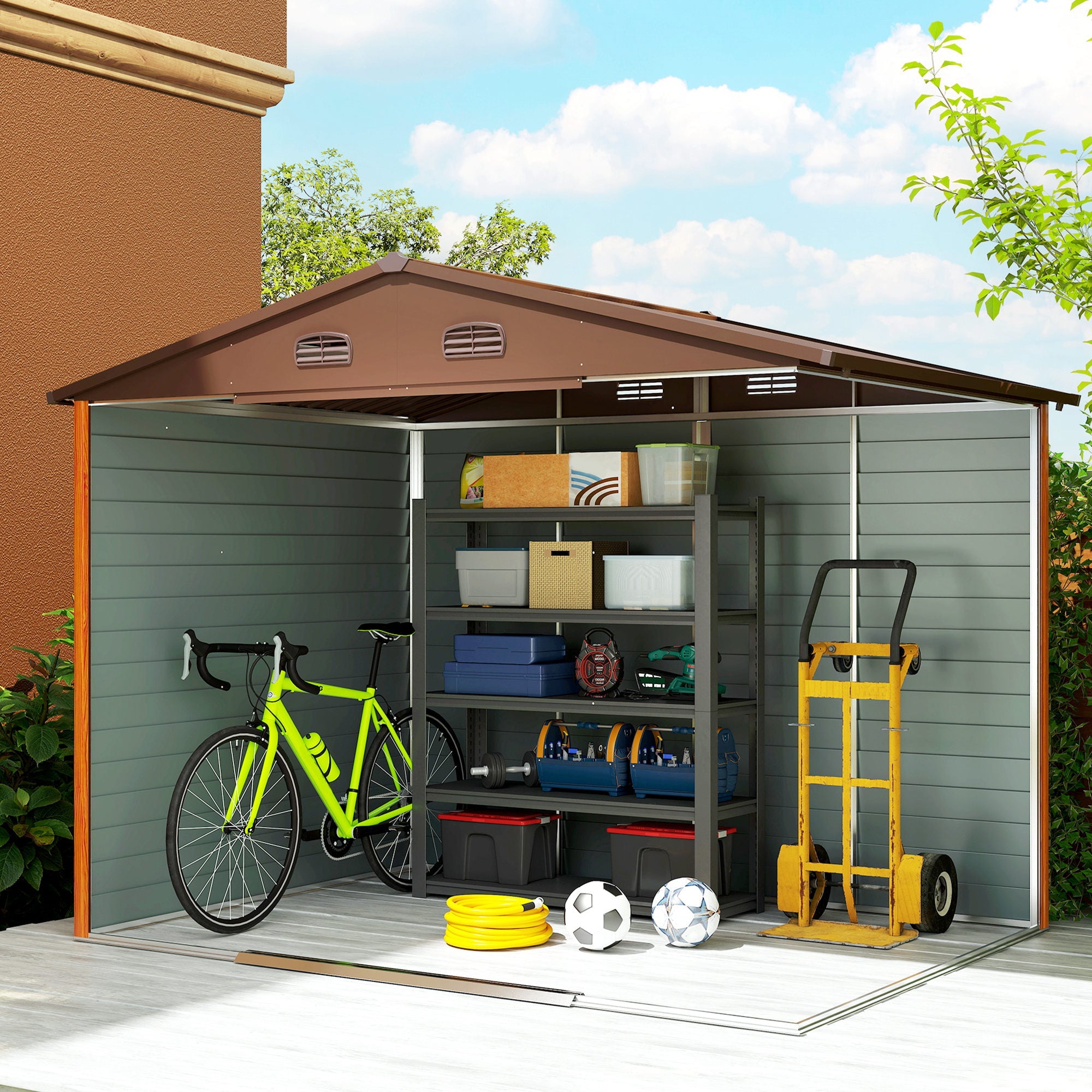 9 x 6ft Metal Garden Shed, House Hut Gardening Tool Storage with Ventilations, Sliding Door, Sloped Roof for Garden, Patio Outsunny