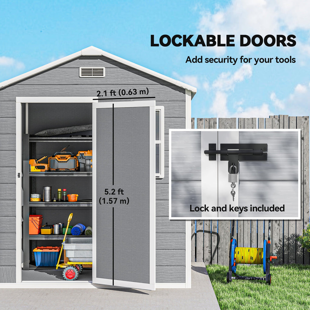 6 x 4ft Garden Shed, Plastic Shed with Floor, Window, Lockable Door and Vents, Wood Effect Resin Tool Shed for Outdoor, Grey Outsunny