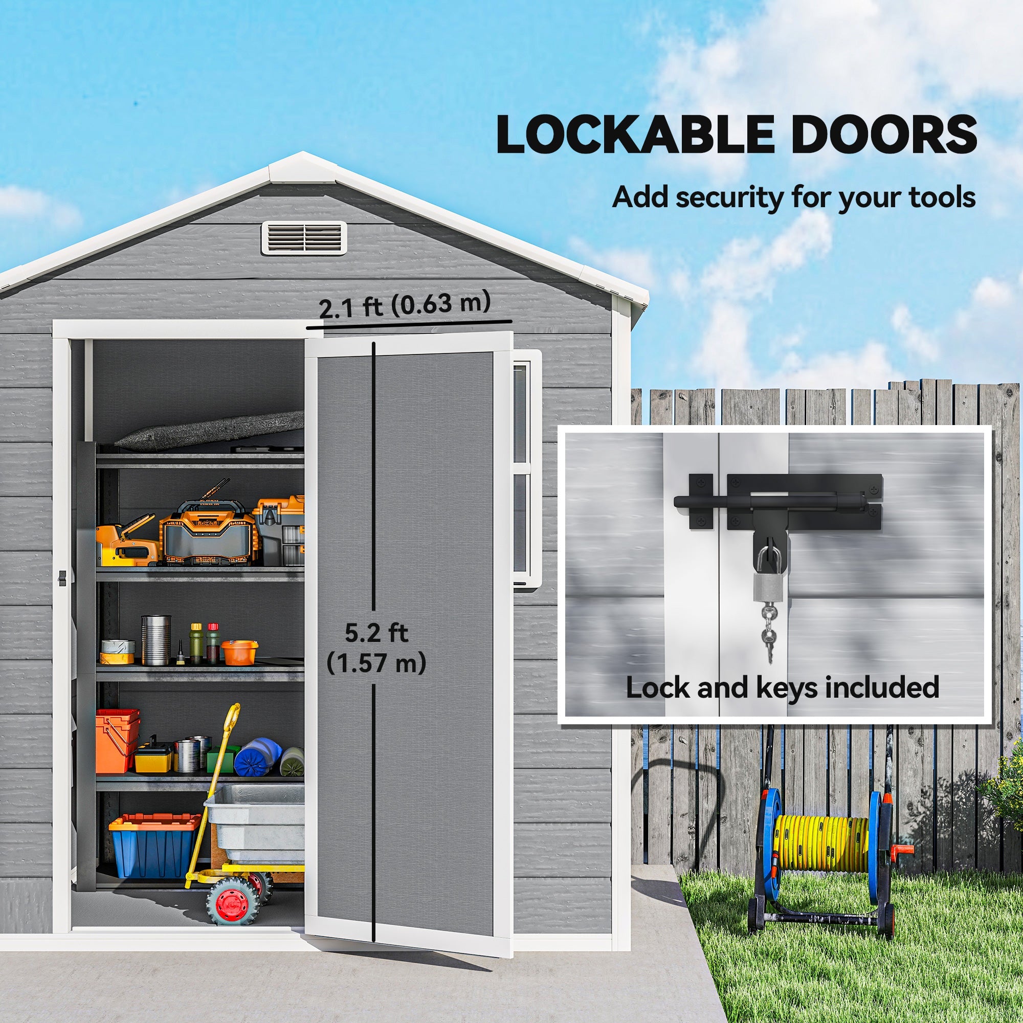 6 x 4ft Garden Shed, Plastic Shed with Floor, Window, Lockable Door and Vents, Wood Effect Resin Tool Shed for Outdoor, Grey Outsunny
