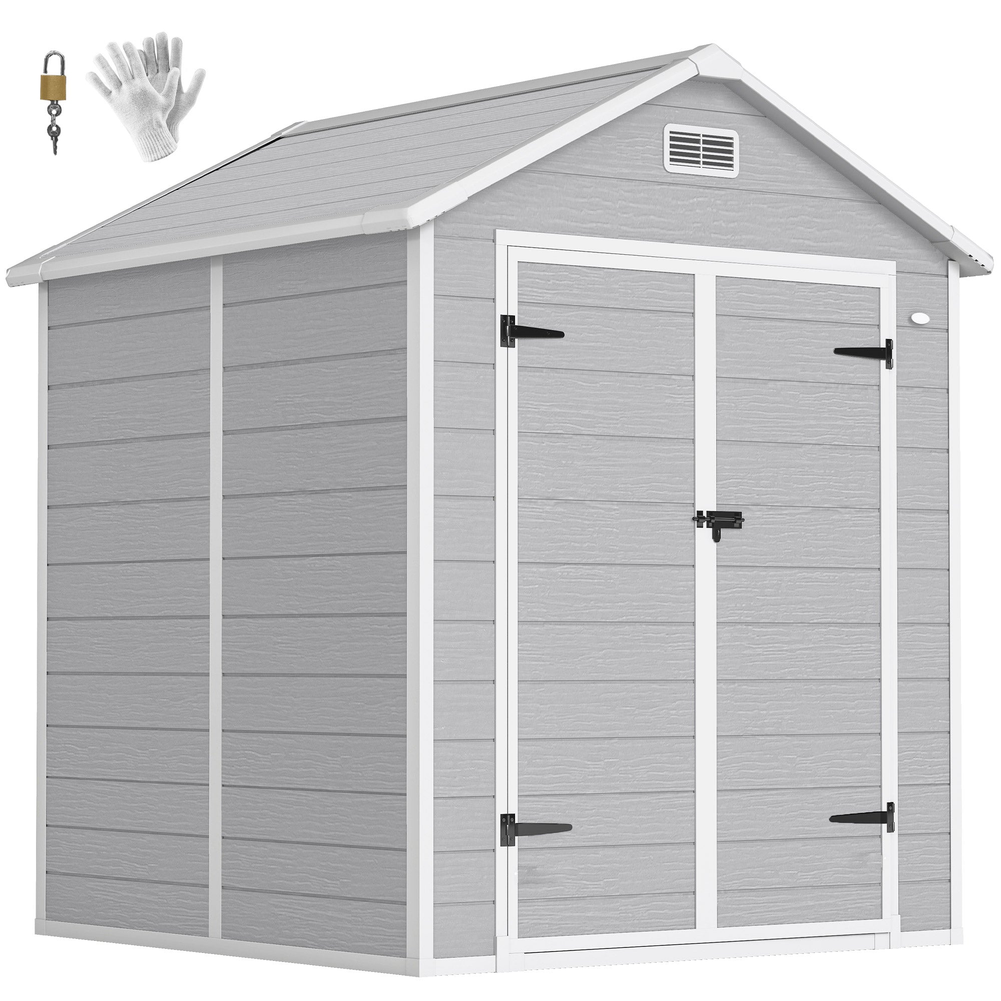 6 x 5ft Garden Shed, Plastic Shed with Floor, Window, Lockable Doors and Vents, Wood Effect Resin Tool Shed for Outdoor Patio Outsunny