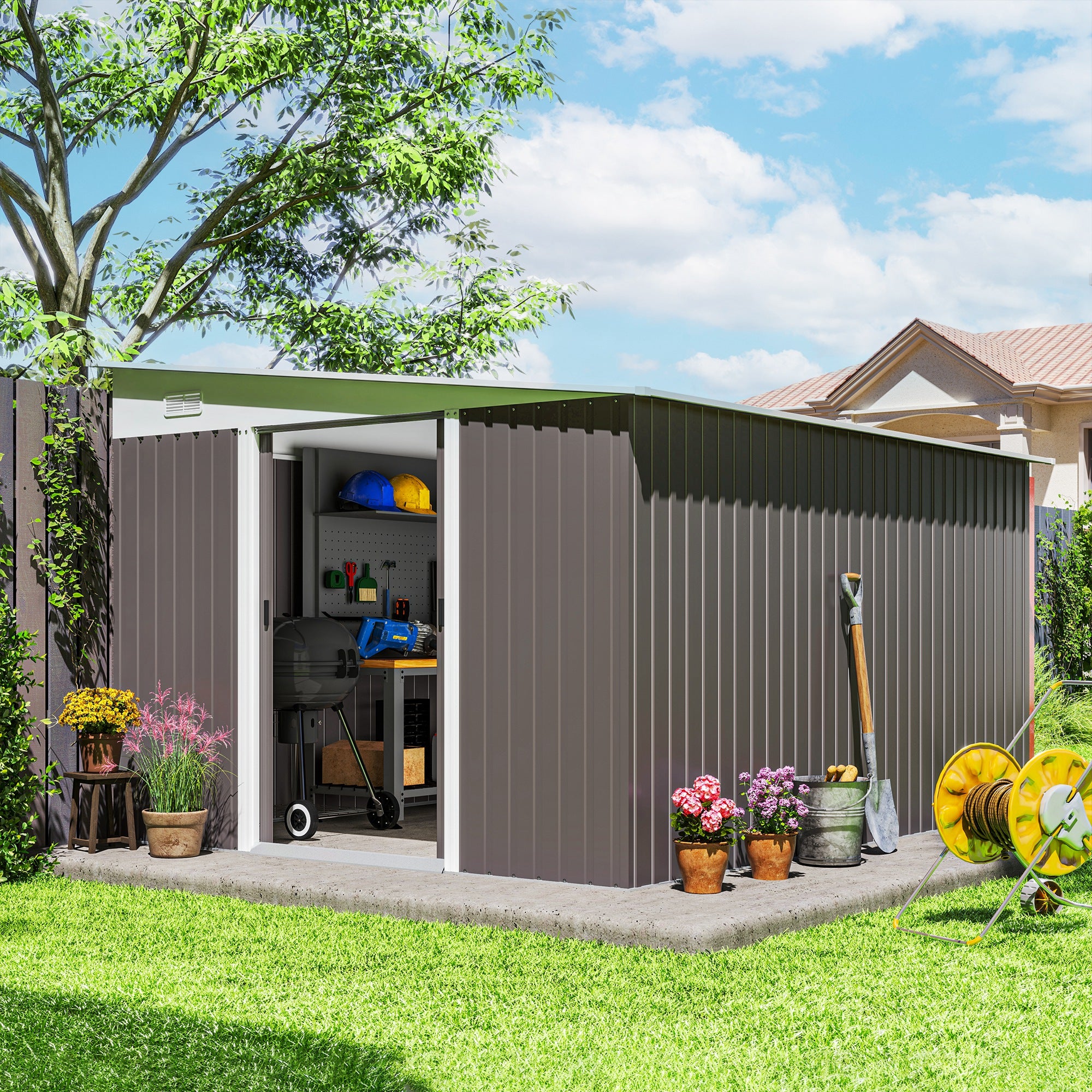 11.3 x 9.2ft Lean to Metal Garden Shed, Outdoor Galvanised Tool Storage House with Double Sliding Doors and 2 Air Vents