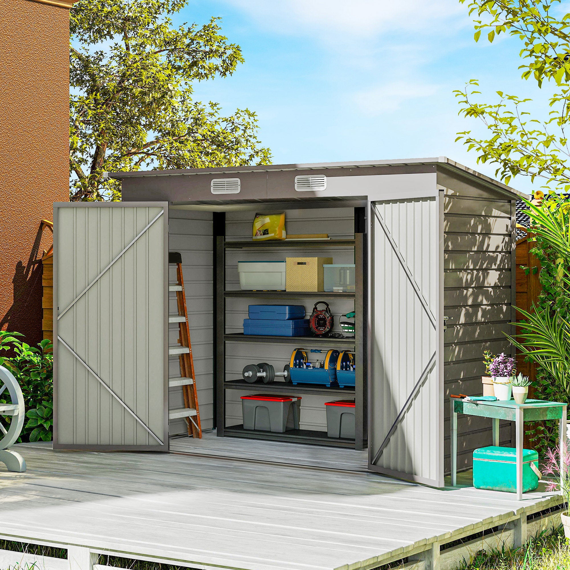 3.7 x 7.9ft Galvanised Steel Shed, with Latched Door and Padlock - Light Grey