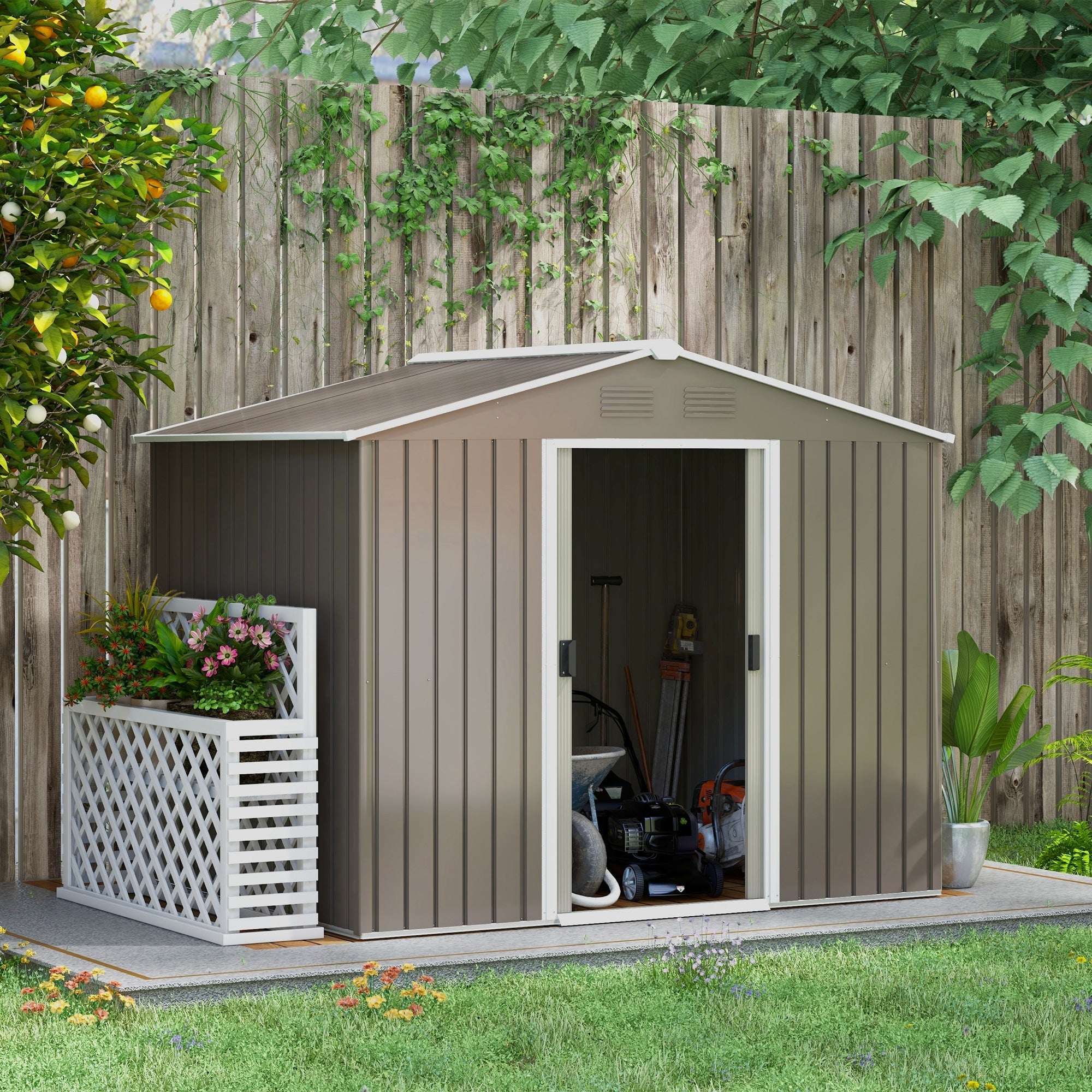 7.7 x 5.7ft Outdoor Garden Storage Shed, Metal Tool House with Ventilation and Sliding Doors Outsunny