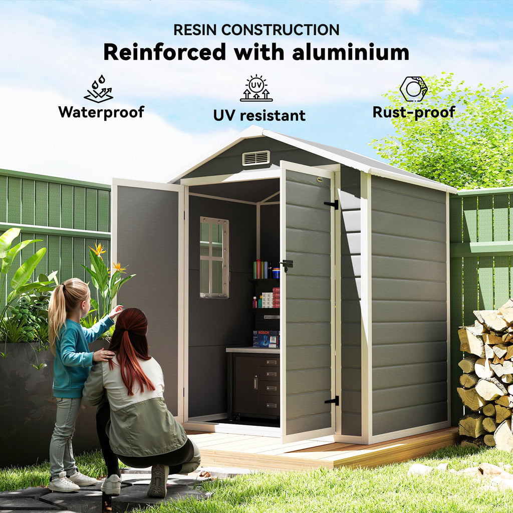 6'x4.5' Garden Storage Shed, Lockable Garden Shed with Double Doors, Window, Vent and Plastic Roof, Grey Outsunny