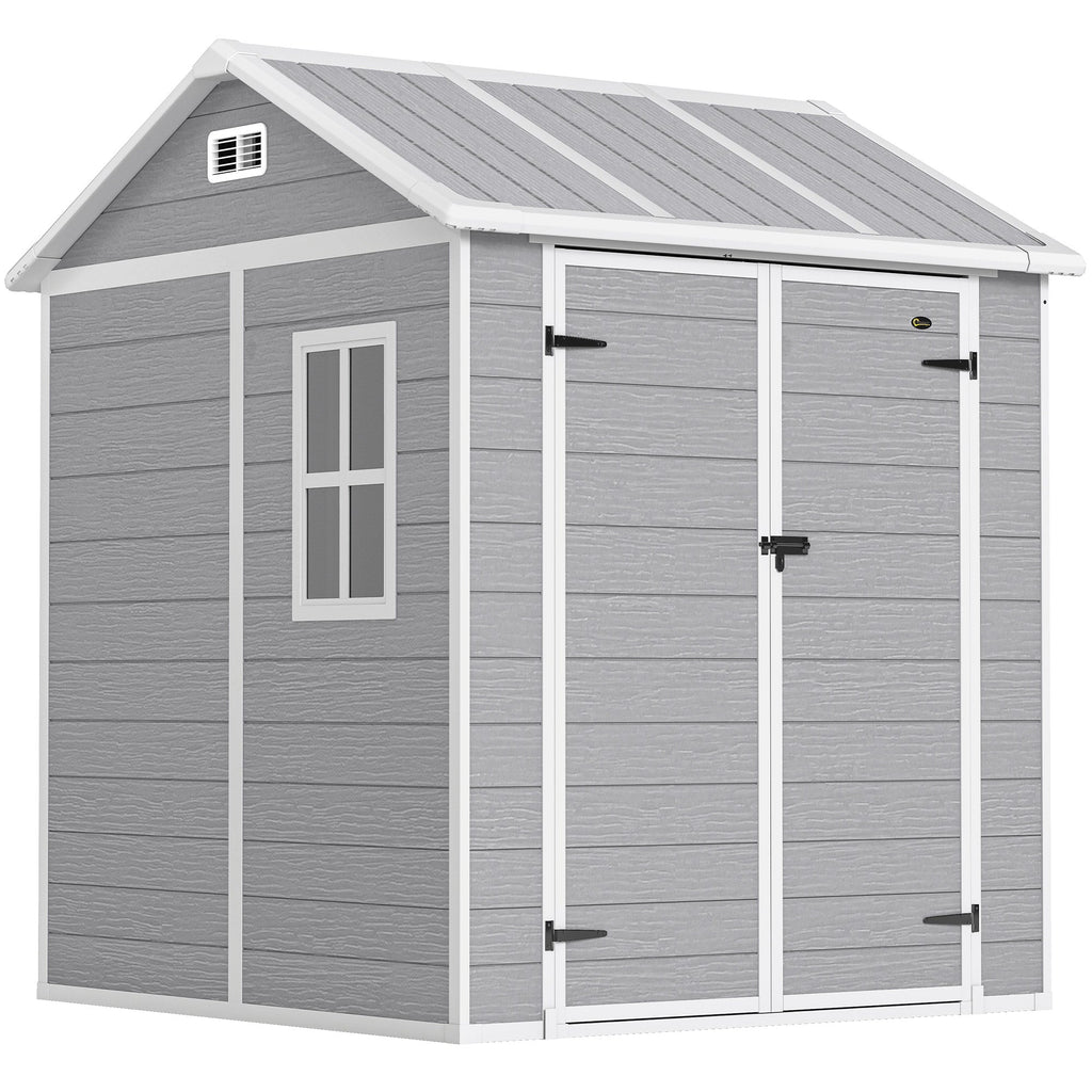 6 x 6ft Garden Shed with Floor, Window, Lockable Doors and Vents, Wood Effect Resin Tool Shed for Outdoor Patio, Grey Outsunny