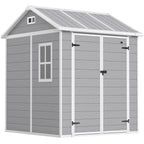 6 x 6ft Garden Shed with Floor, Window, Lockable Doors and Vents, Wood Effect Resin Tool Shed for Outdoor Patio, Grey Outsunny