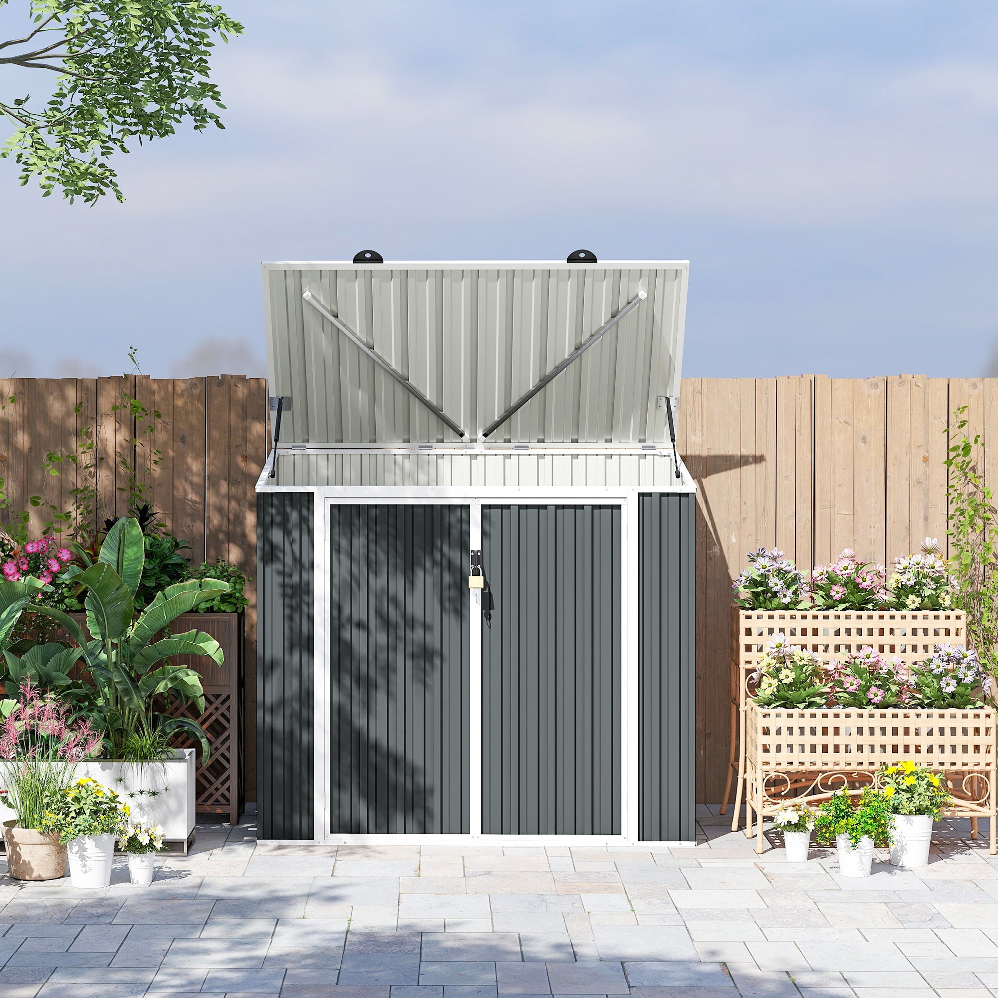 5ft x 3ft Garden 2-Bin Steel Storage Shed, Double Rubbish Storage Shed, Hide Dustbin w/ Locking Doors and Openable Lid Outsunny