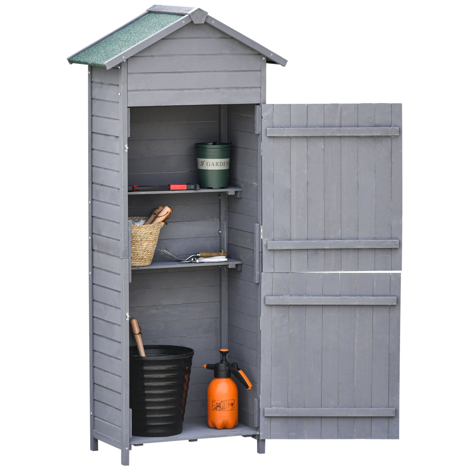 Wooden Garden Storage Shed Utility Gardener Cabinet w/ 3 Shelves, Tilted-felt Roof and Two Lockable Doors, 79cm x 49cm x 191.5cm, Dark Grey Outsunny