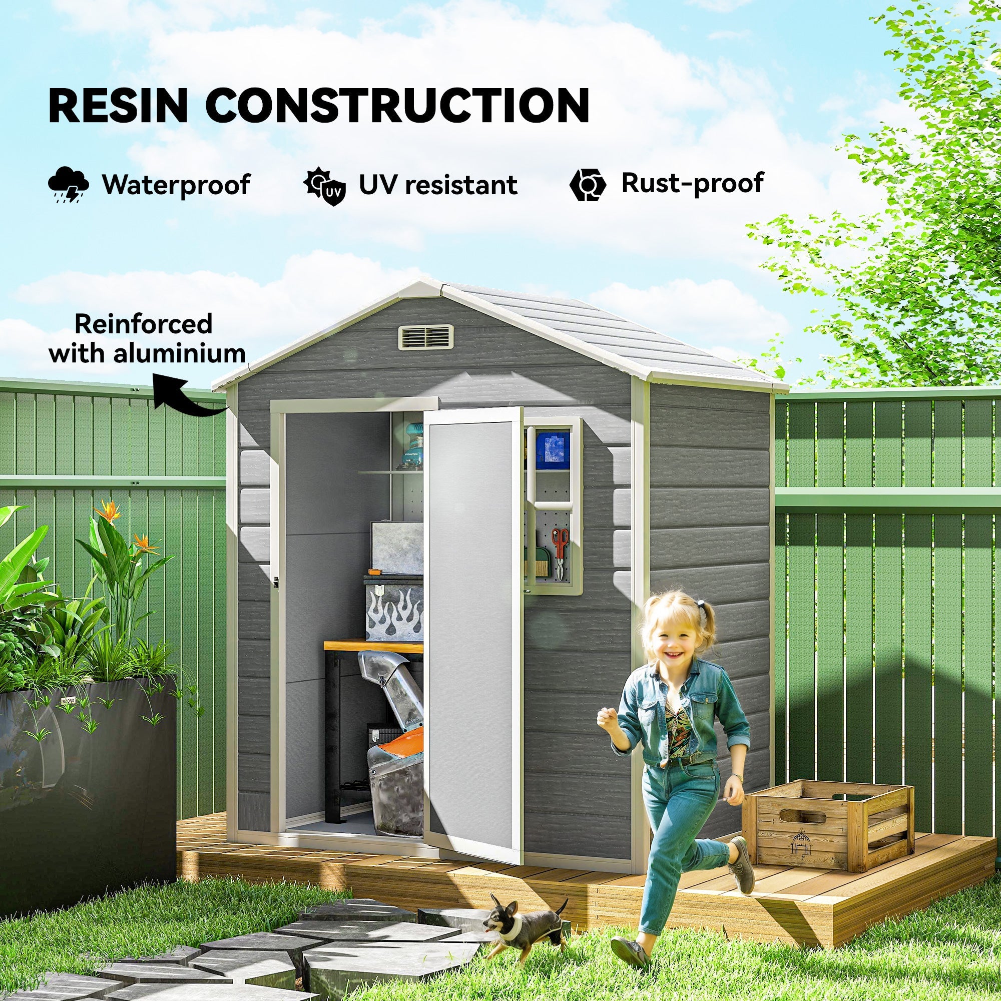 6 x 4ft Garden Shed, Plastic Shed with Floor, Window, Lockable Door and Vents, Wood Effect Resin Tool Shed for Outdoor, Grey Outsunny
