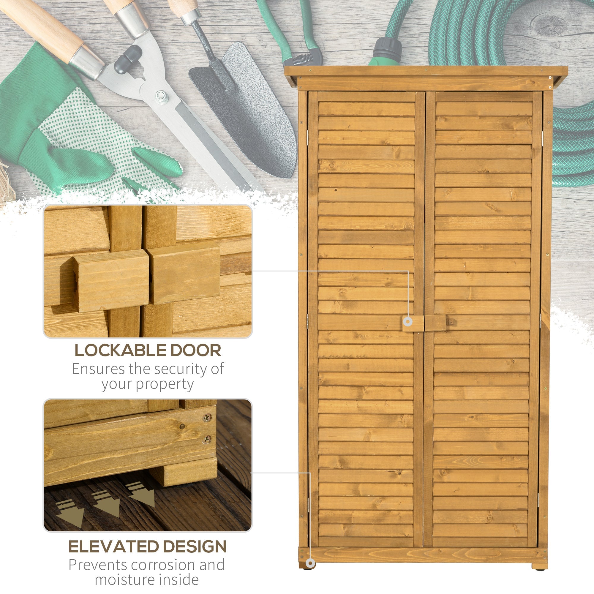 Wooden Garden Storage Shed, Compact Utility Sentry Unit, 3-Tier Shelves Tool Cabinet Organizer with Asphalt Roof and Shutter Design, 87cm x 47cm x 160cm Outsunny