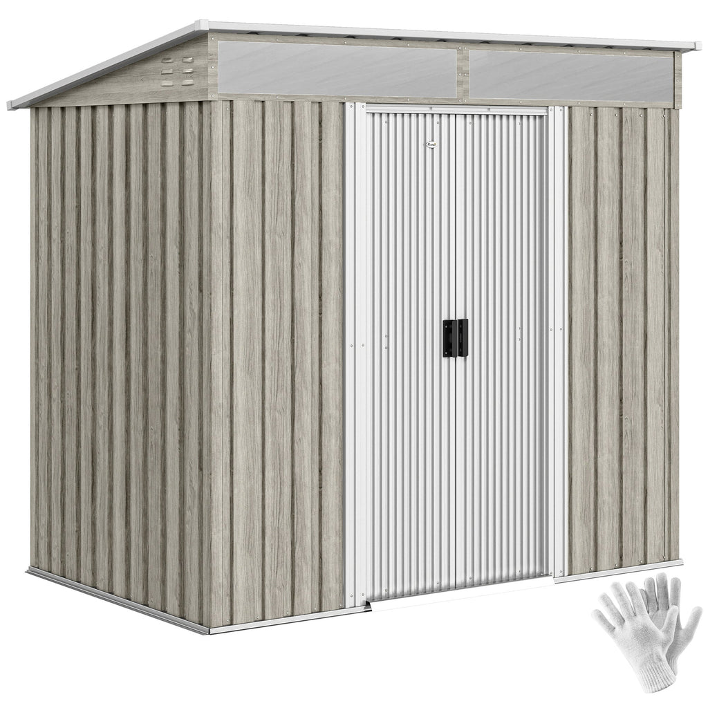6.5 x 4FT Galvanised Metal Shed with Foundation Kit, Lockable Tool Garden Shed with Double Sliding Doors, Vents Wood Effect Outsunny