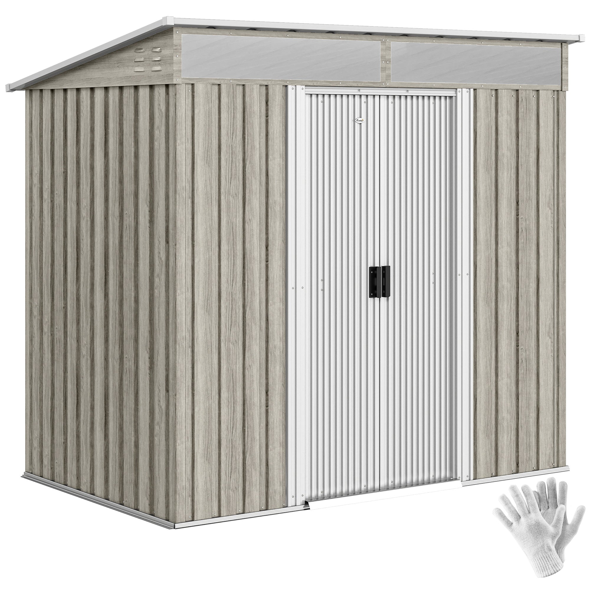 6.5 x 4FT Galvanised Metal Shed with Foundation Kit, Lockable Tool Garden Shed with Double Sliding Doors, Vents Wood Effect Outsunny
