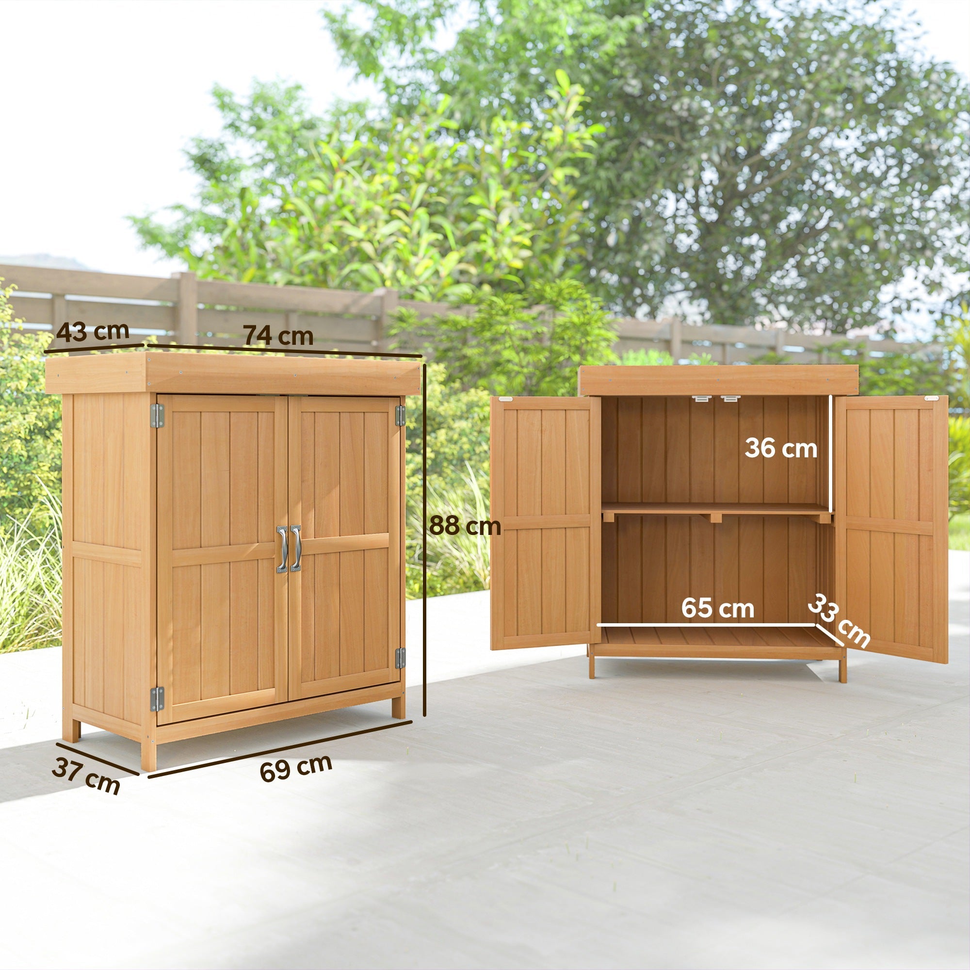Small Shed, Wooden Garden Shed with Openable Hinged Roof and Removable Shelf, Outdoor Tool Storage Cabinet Chest with Double Doors, 74 x 43 x 88 cm, Natural Wood Finish Outsunny