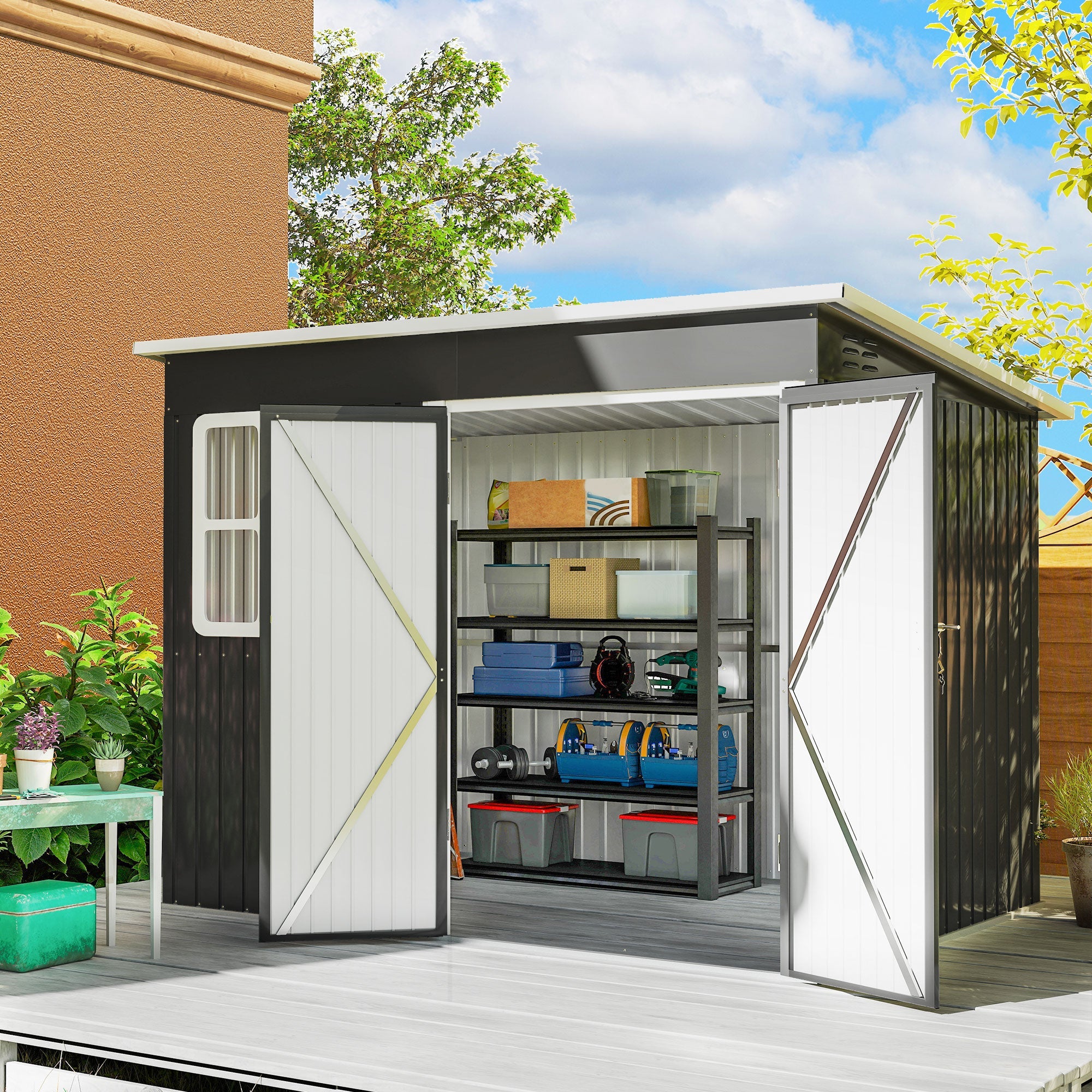 8.5 x 6ft Storage Shed Galvanised Steel Garden Shed, Metal Shed with Foundation Kit, Window, Lockable Wide Doors and Air Vents for Outdoor Patio Outsunny