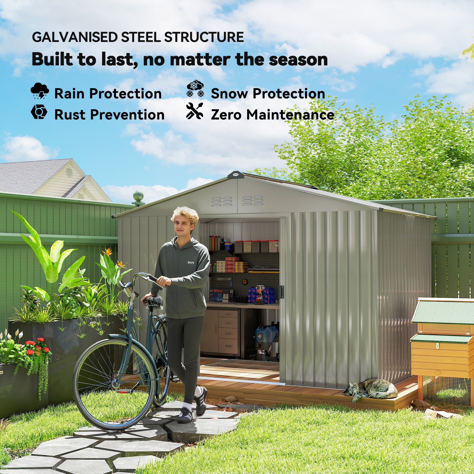 Garden Storage Shed, Metal Outdoor Storage Shed House with Foundation Kit, Ventilation, Doors, 9 x 6FT, Grey Outsunny
