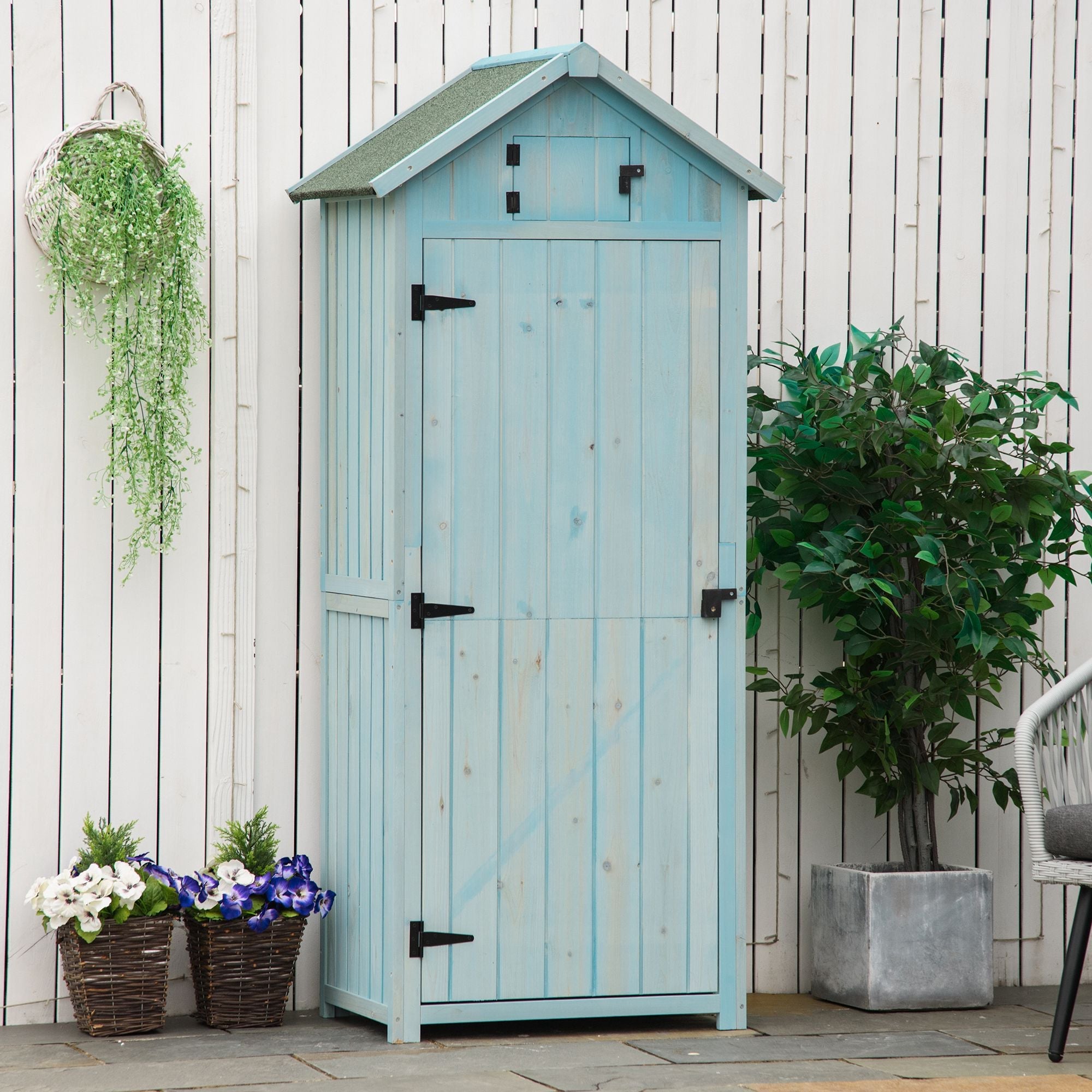 Garden Shed Vertical Utility 3 Shelves Shed Wood Outdoor Garden Tool Storage Unit Storage Cabinet, 77 x 54.2 x 179cm Outsunny