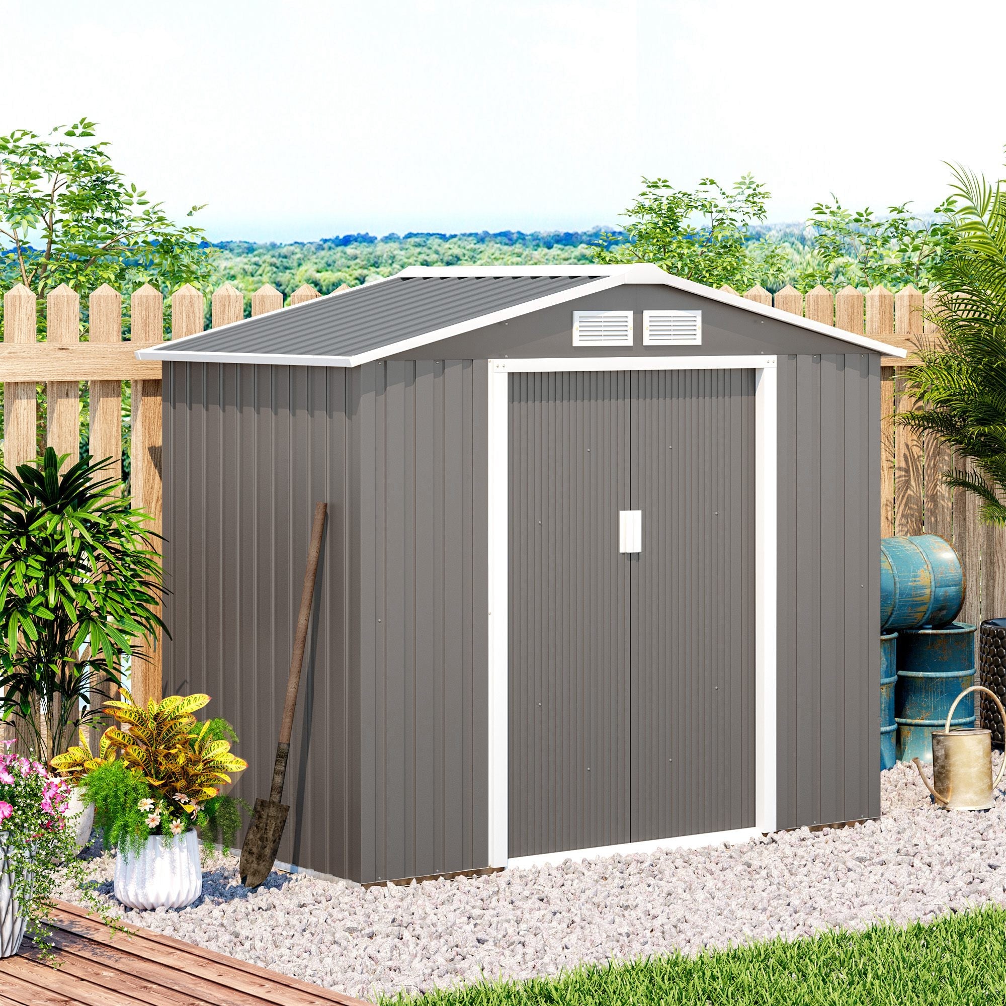 7ft x 4ft Lockable Garden Metal Storage Shed Storage Roofed Tool Metal Shed w/ Air Vents Steel Outsunny