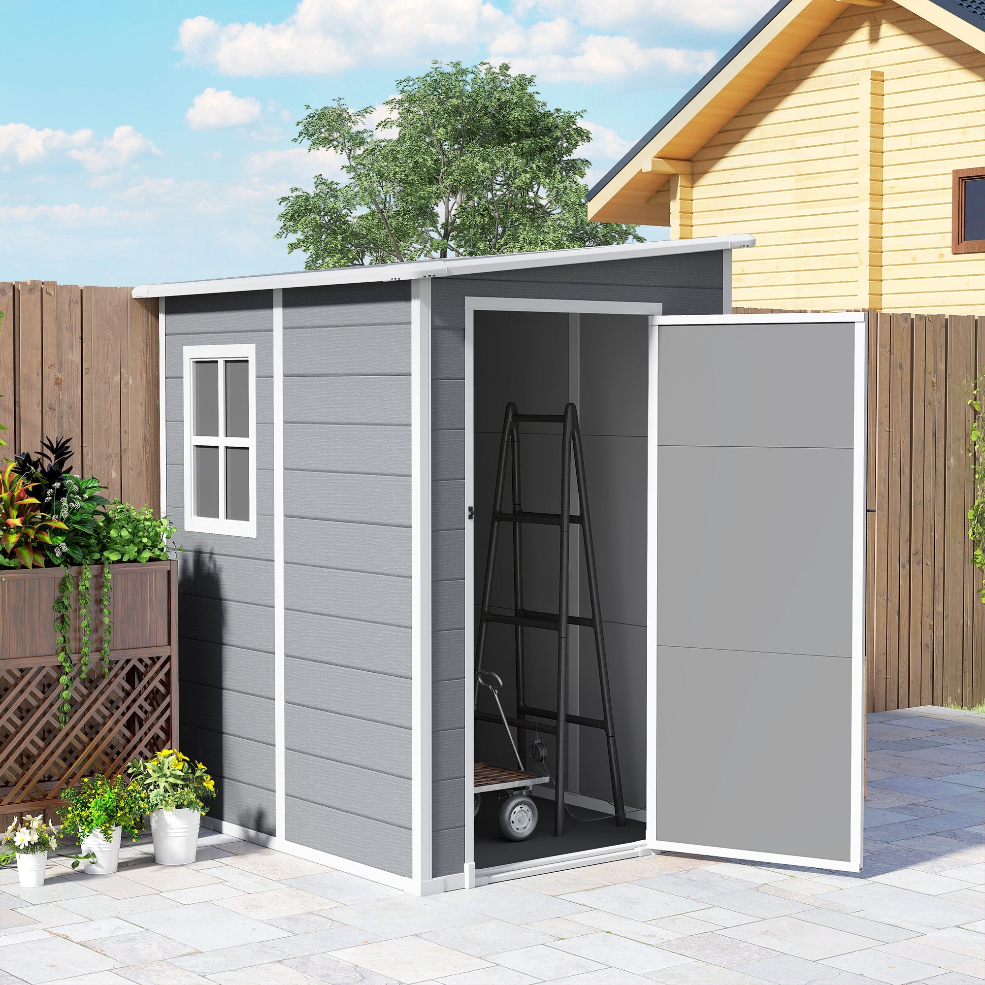 4'x5' Garden Storage Shed, Lean to Shed, Lockable Garden Shed with Window, Vent and Plastic Roof, Grey Outsunny
