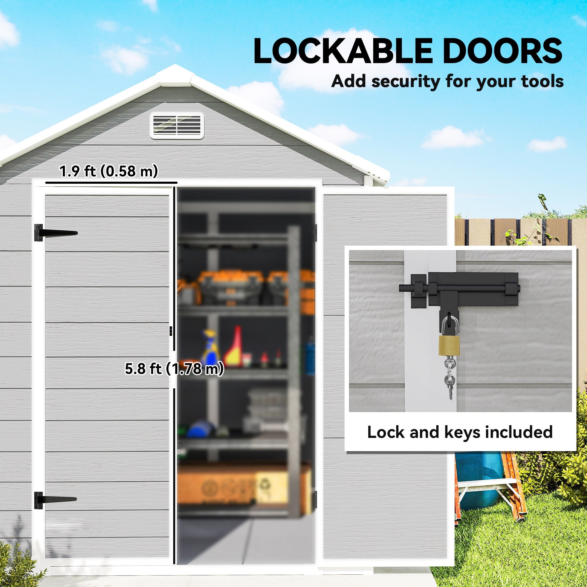 6 x 5ft Garden Shed, Plastic Shed with Floor, Window, Lockable Doors and Vents, Wood Effect Resin Tool Shed for Outdoor Patio Outsunny