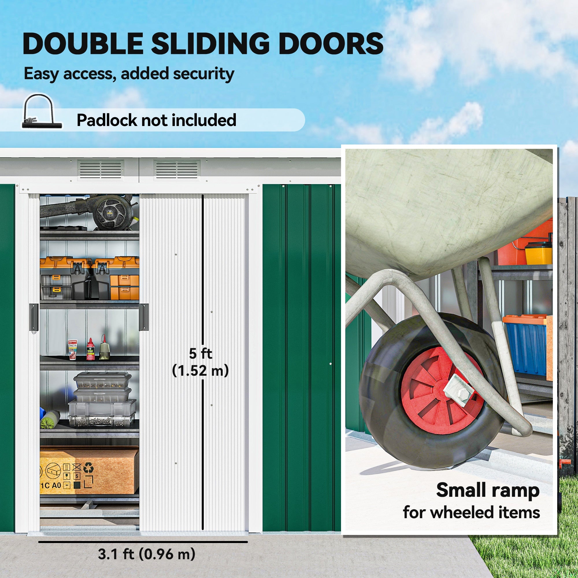 9ft x 4ft Metal Garden Shed, Outdoor Tool House with Foundation Kit, Ventilations and Double Doors Outsunny