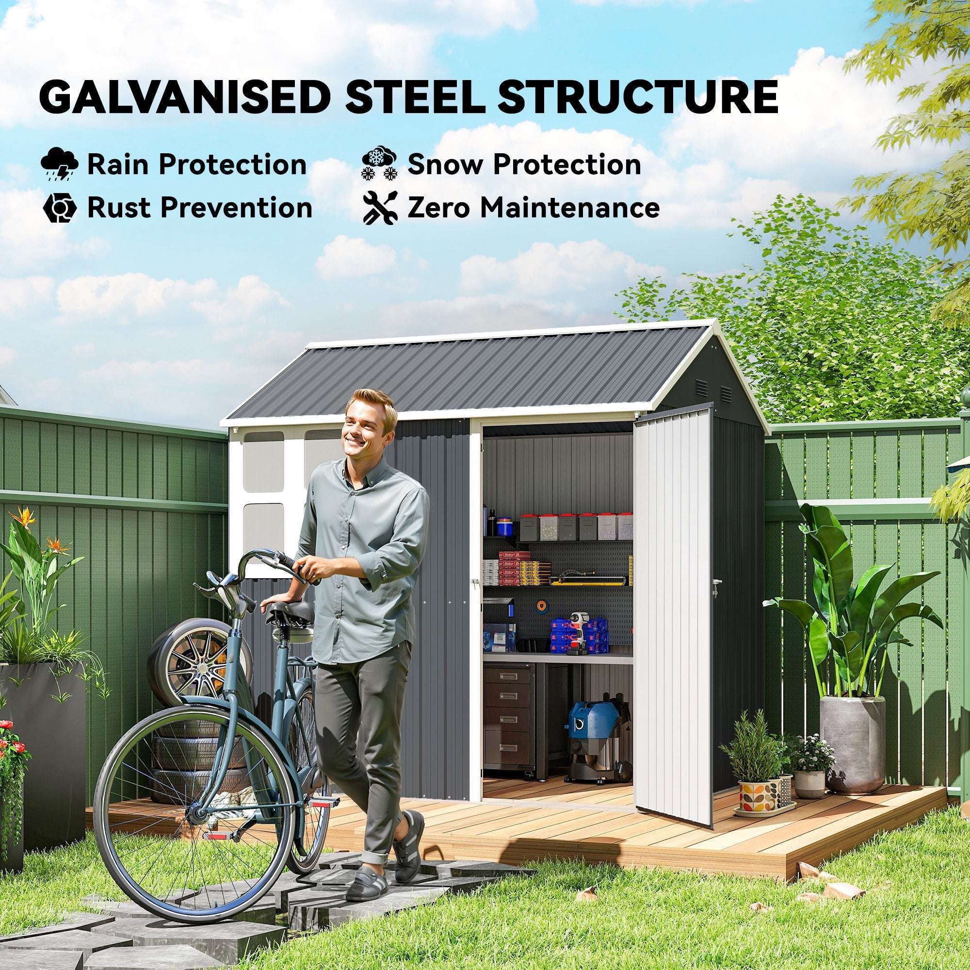 7 x 6ft Galvanised Garden Shed, with Latch Outsunny