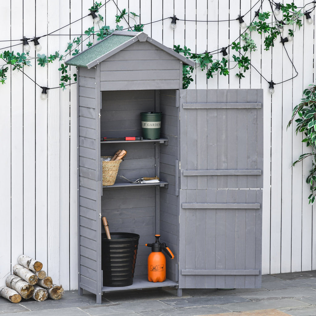 Wooden Garden Storage Shed Utility Gardener Cabinet w/ 3 Shelves, Tilted-felt Roof and Two Lockable Doors, 79cm x 49cm x 191.5cm, Dark Grey Outsunny