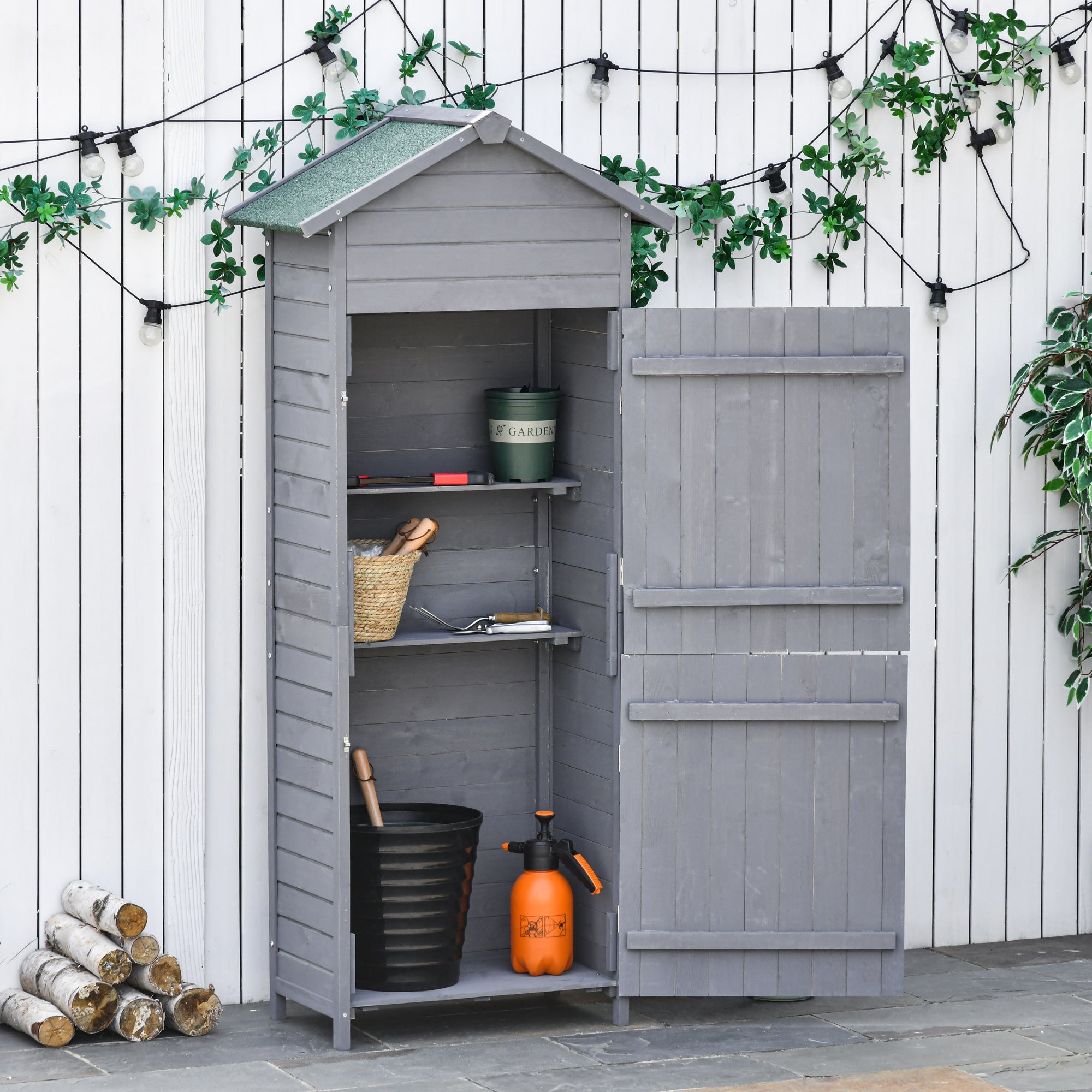 Wooden Garden Storage Shed Utility Gardener Cabinet w/ 3 Shelves, Tilted-felt Roof and Two Lockable Doors, 79cm x 49cm x 191.5cm, Dark Grey Outsunny