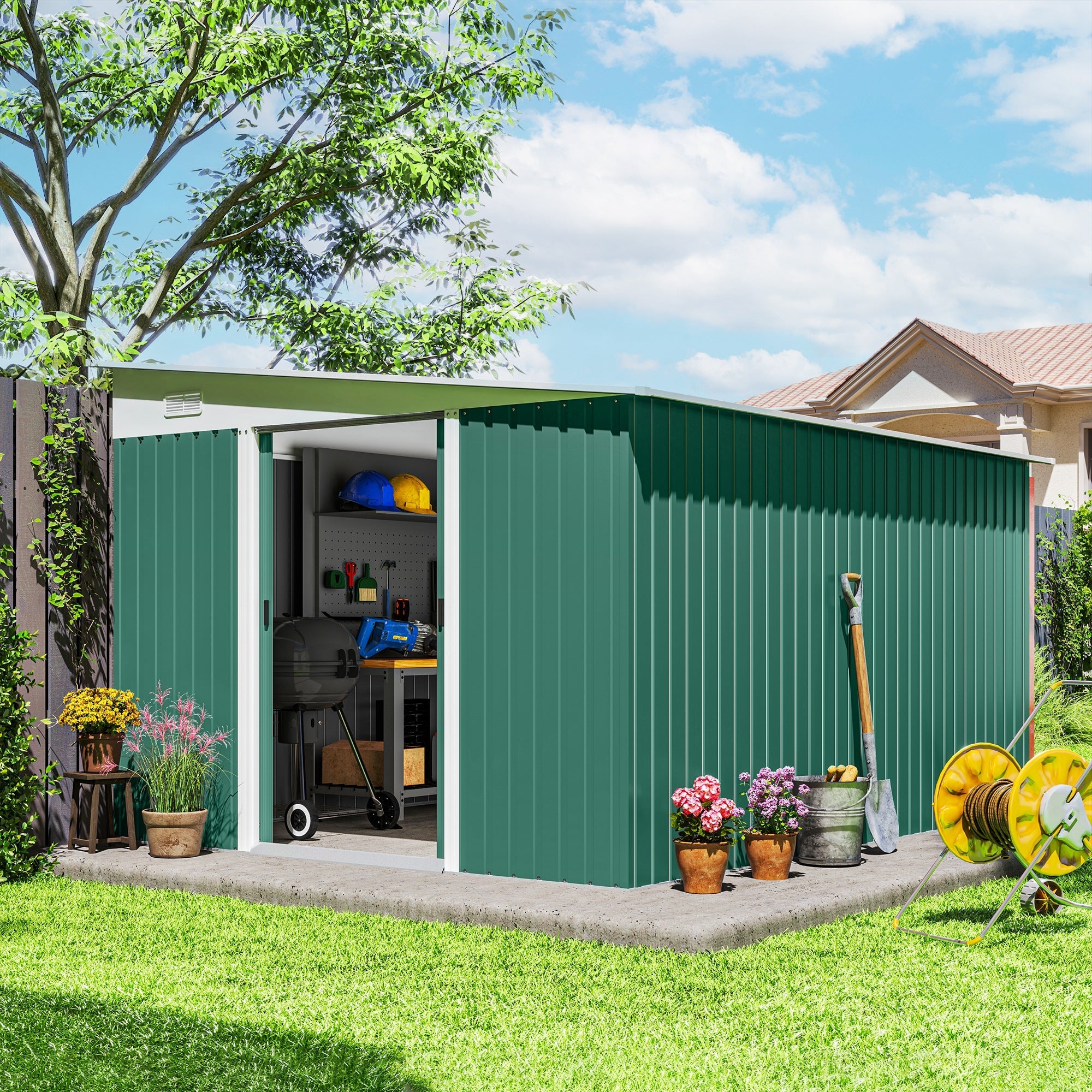 Garden Metal Storage Shed Outdoor Metal Tool House with Double Sliding Doors and 2 Air Vents, 11.3x9.2ft Outsunny