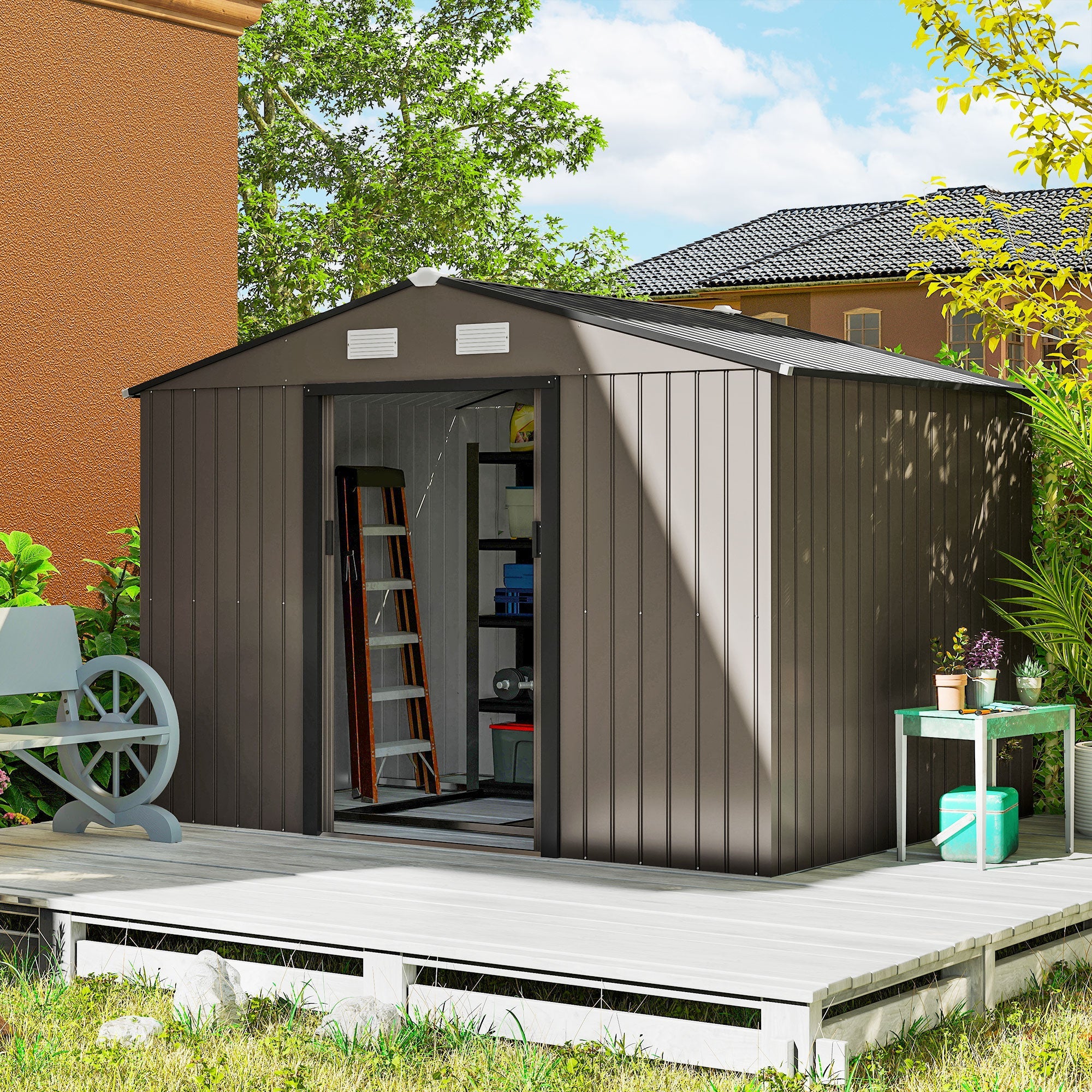 9 x 6ft Metal Garden Shed, Outdoor Storage Tool House with Ventilation Slots, Foundation Kit and Lockable Double Doors Outsunny