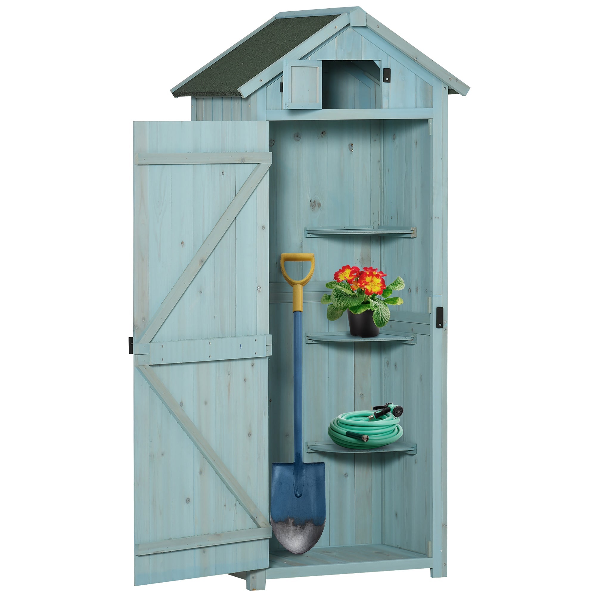 Garden Shed Vertical Utility 3 Shelves Shed Wood Outdoor Garden Tool Storage Unit Storage Cabinet, 77 x 54.2 x 179cm Outsunny
