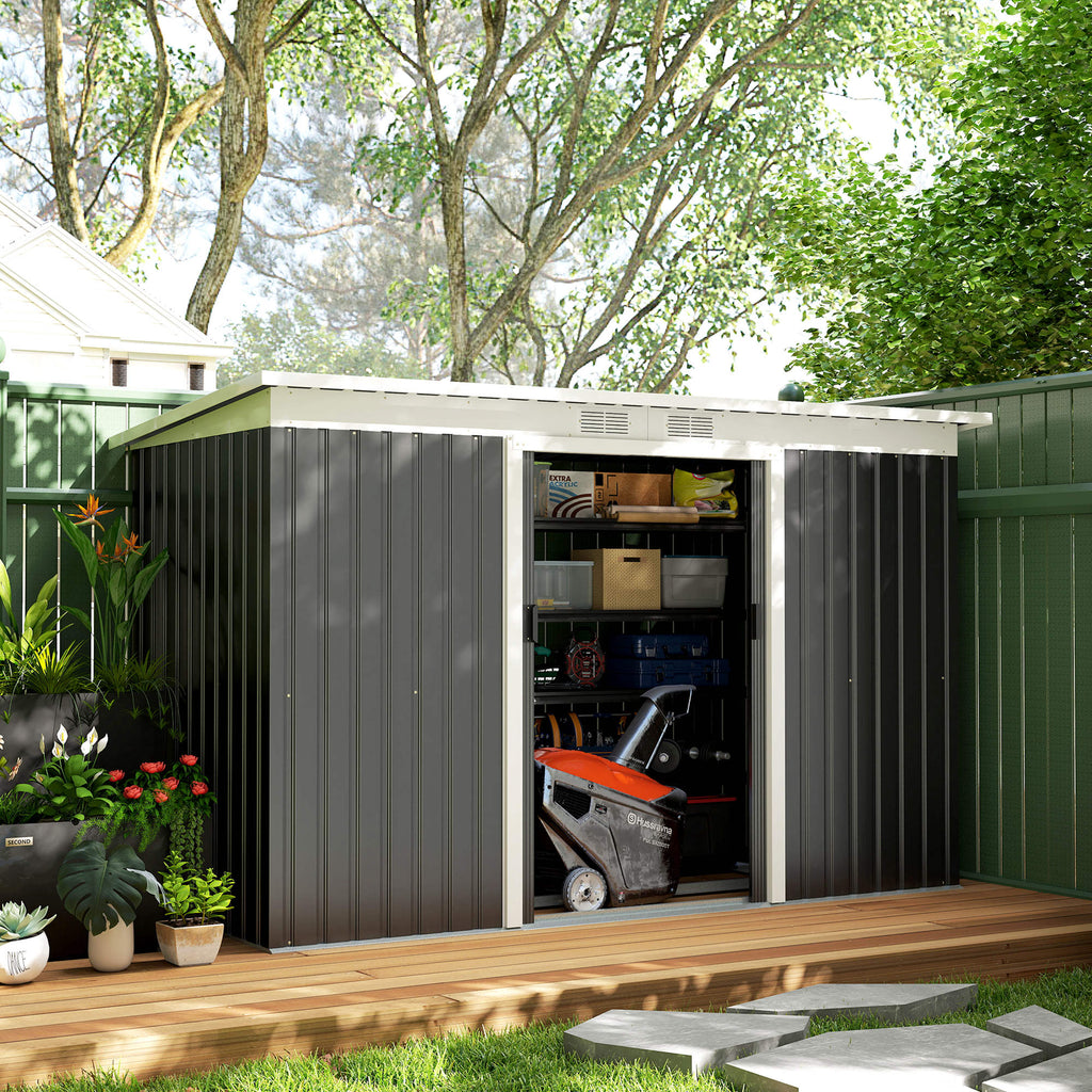 9ft x 4ft Metal Garden Shed, Outdoor Tool House with Foundation Kit, Ventilations and Double Doors Outsunny