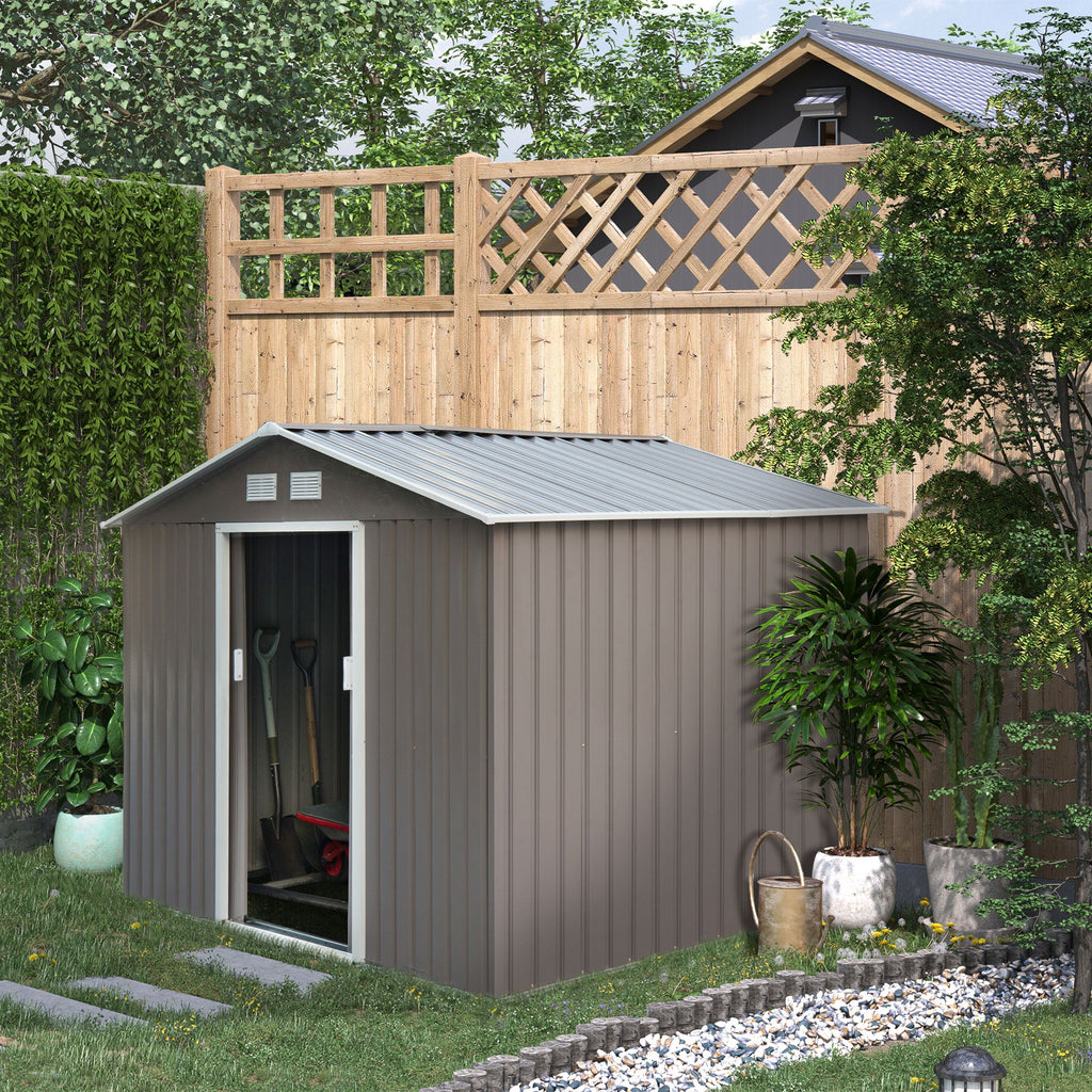 9 x 6FT Outdoor Garden Roofed Metal Storage Shed Tool Box with Foundation Ventilation & Doors Light Outsunny