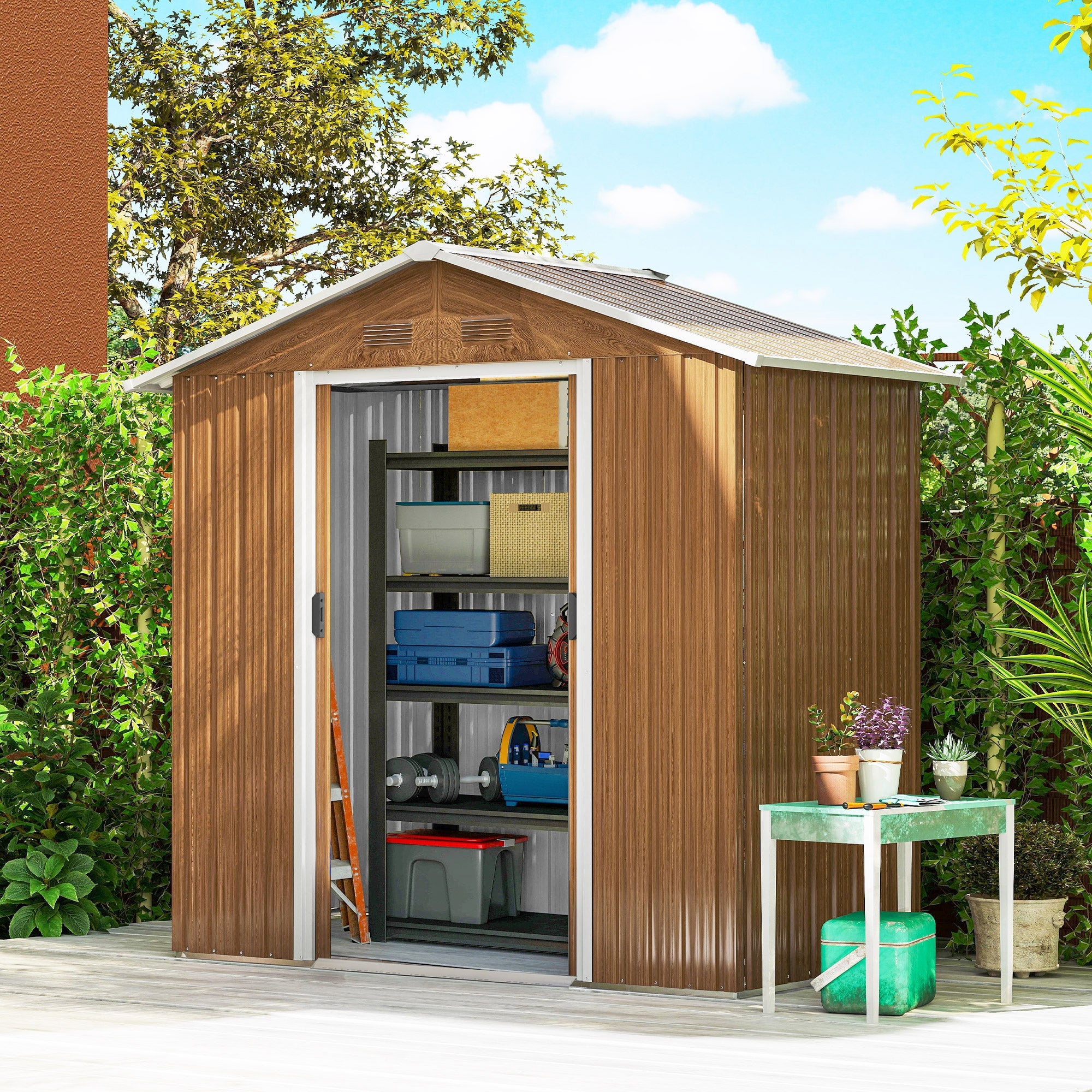 6.5 x 3.5ft Metal Garden Storage Shed - Brown Wood Effect Outsunny