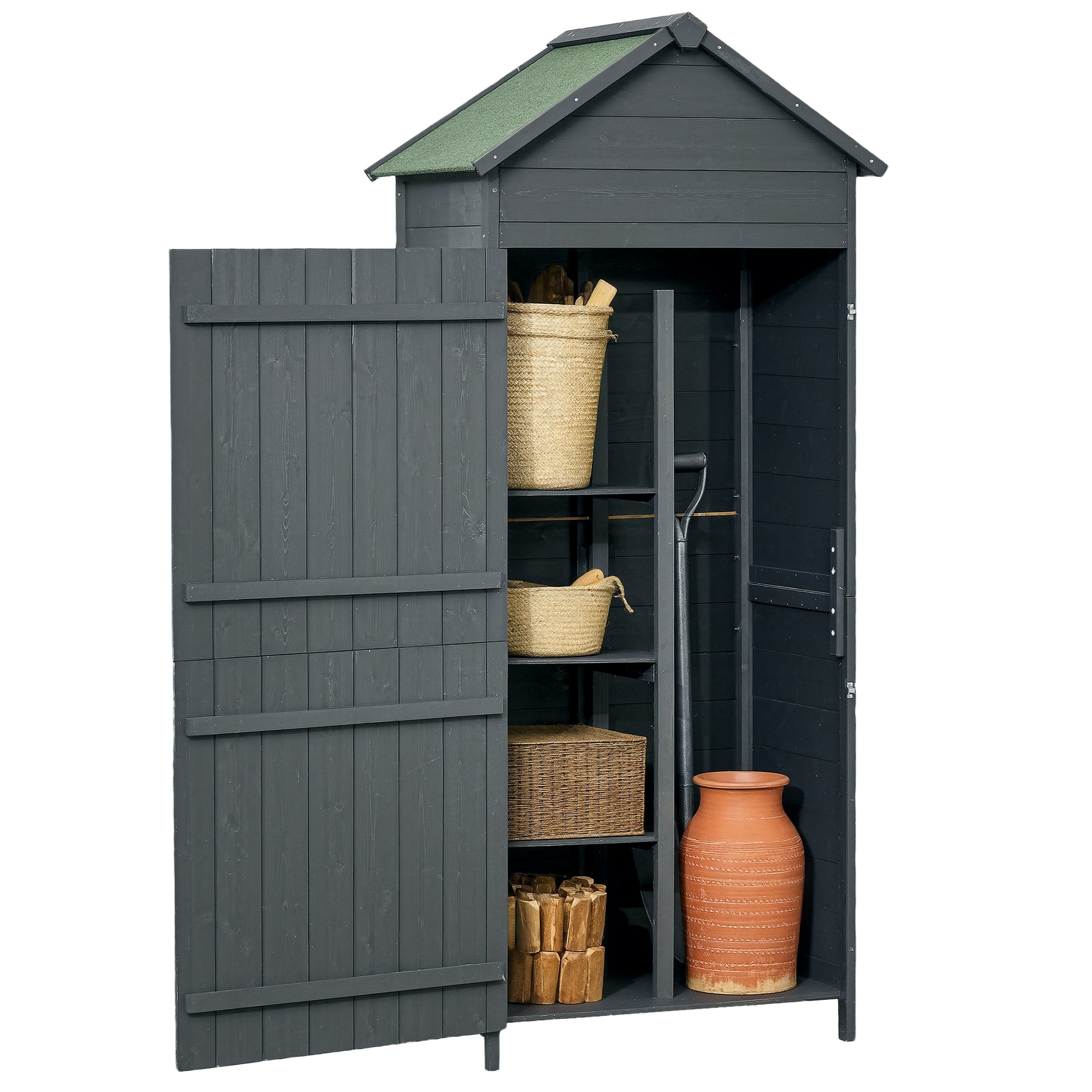 Garden Shed 4-Tier Wooden Garden Outdoor Shed 3 Shelves Utility Gardener Cabinet Lockable 2 Doors Outsunny