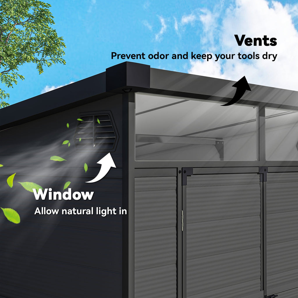 6 x 6ft Outdoor Storage Shed, Plastic Garden Shed with Windows and Air Vents, Outdoor Resin Tool Shed with Latch Doors for Garden, Deck Outsunny