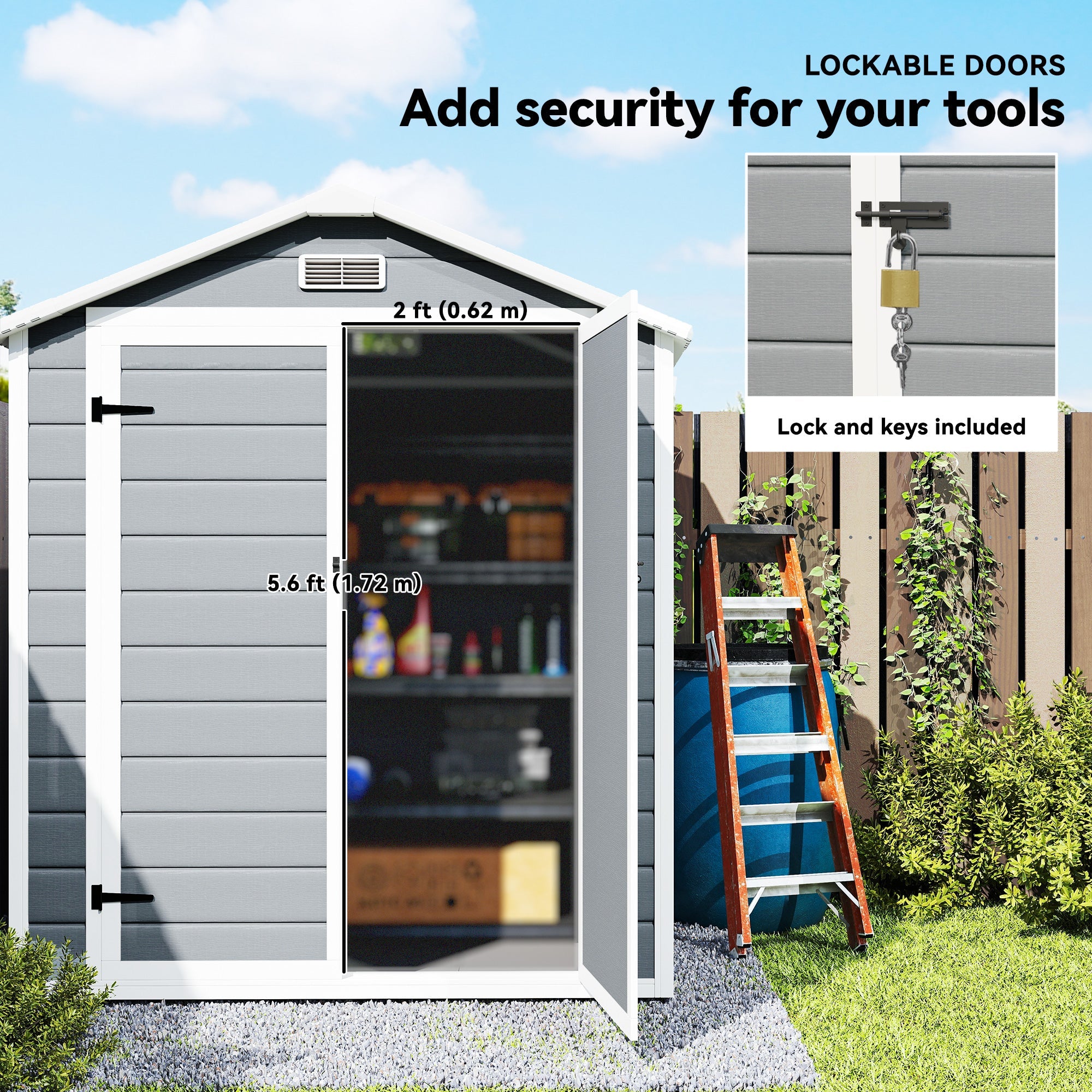 6'x4.5' Garden Storage Shed, Lockable Garden Shed with Double Doors, Window, Vent and Plastic Roof, Grey Outsunny