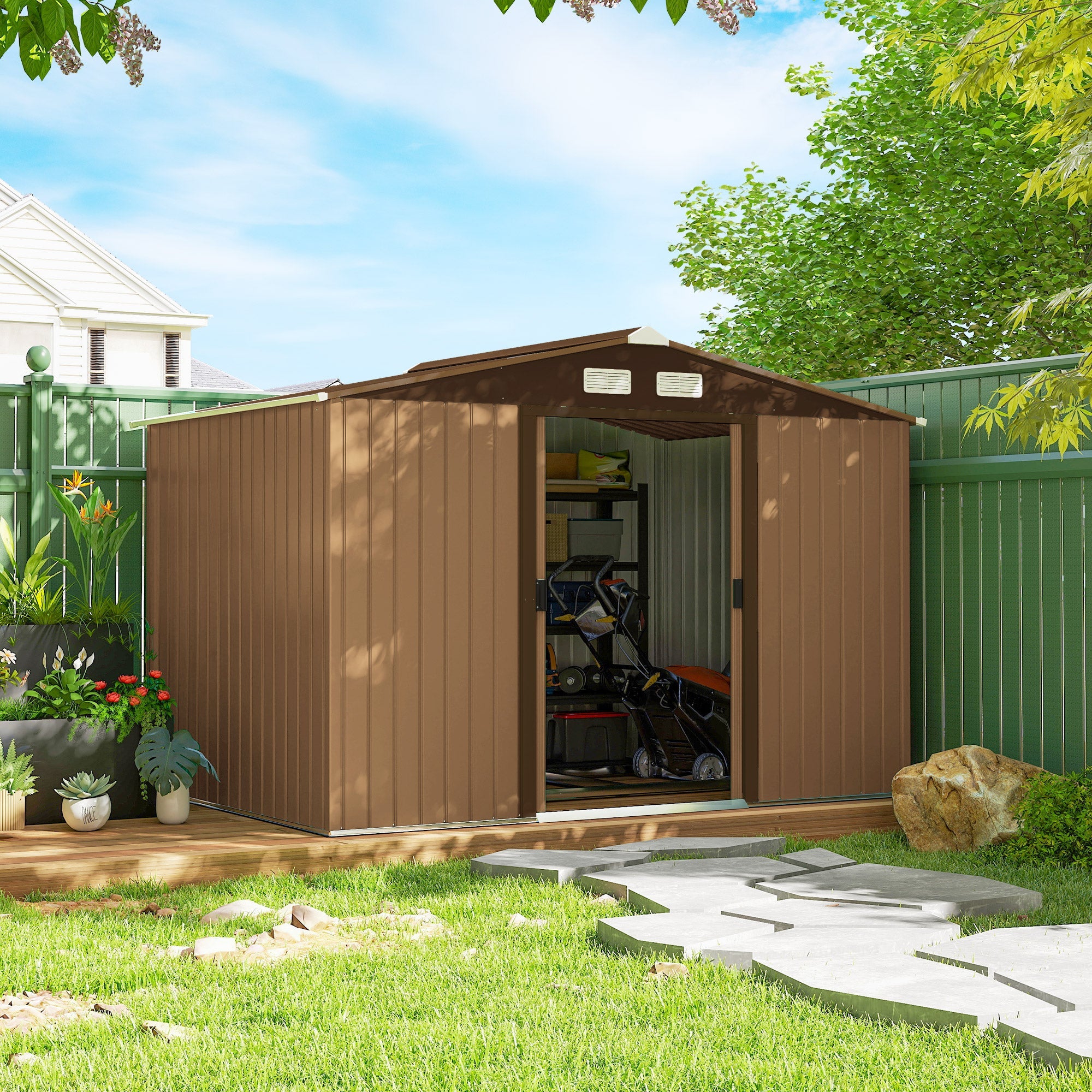 9 x 6ft Metal Garden Shed, Outdoor Storage Tool House with Ventilation Slots, Foundation Kit and Lockable Double Doors, Light Brown Outsunny